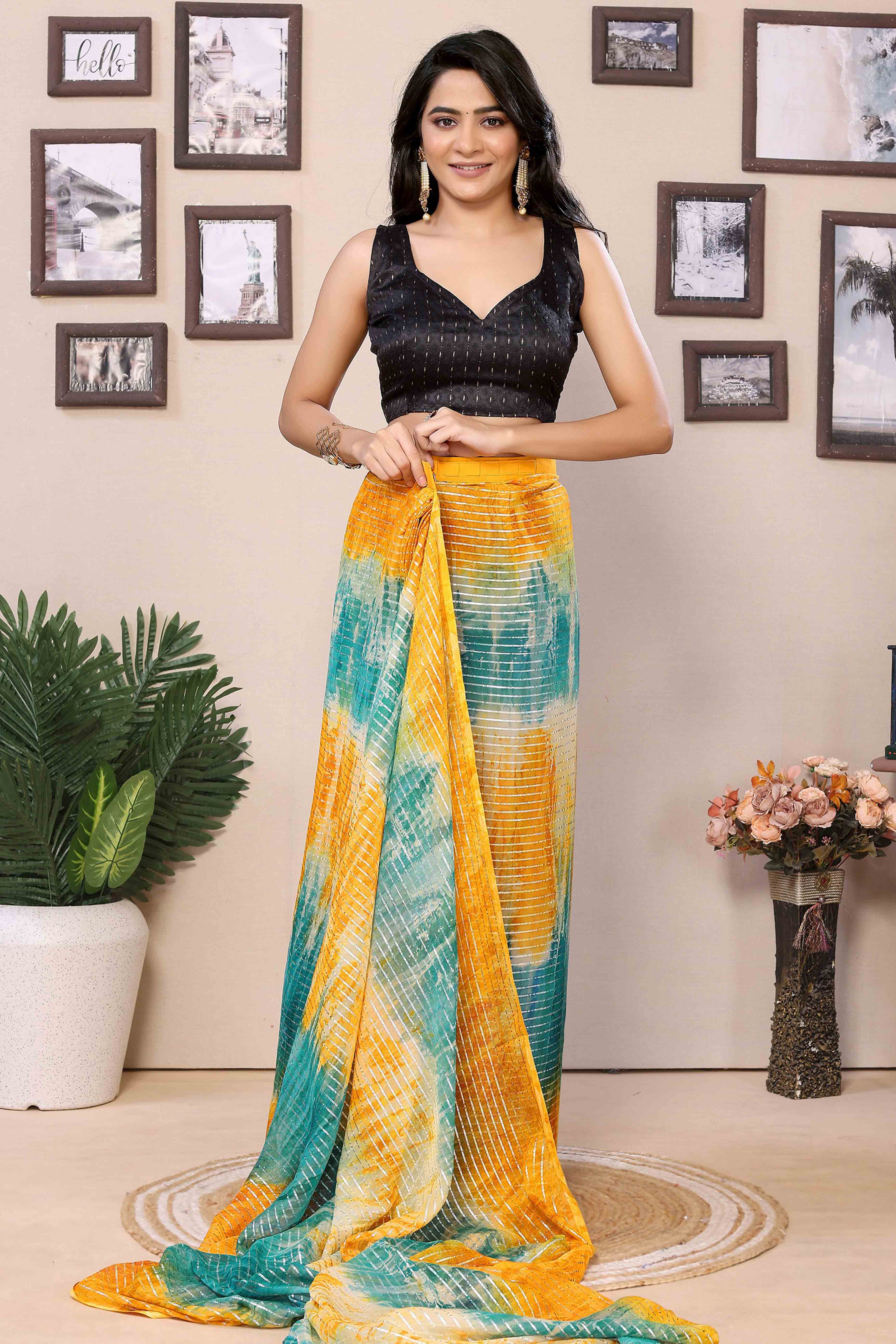 Yellow & Blue Striped Zari With Digital Printed Georgette Ready To Wear Saree