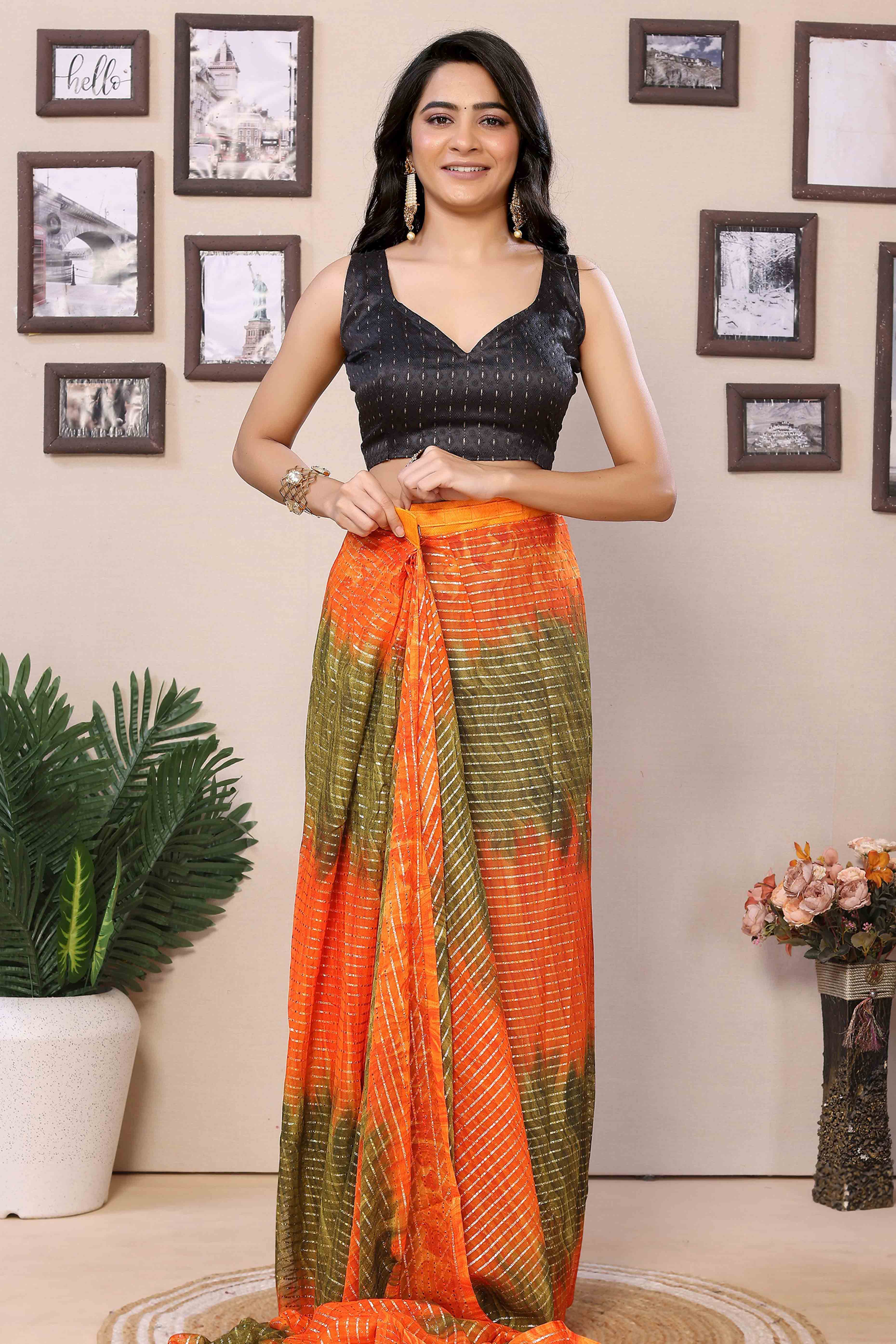 Orange & Green Striped Zari With Digital Printed Georgette Ready To Wear Saree