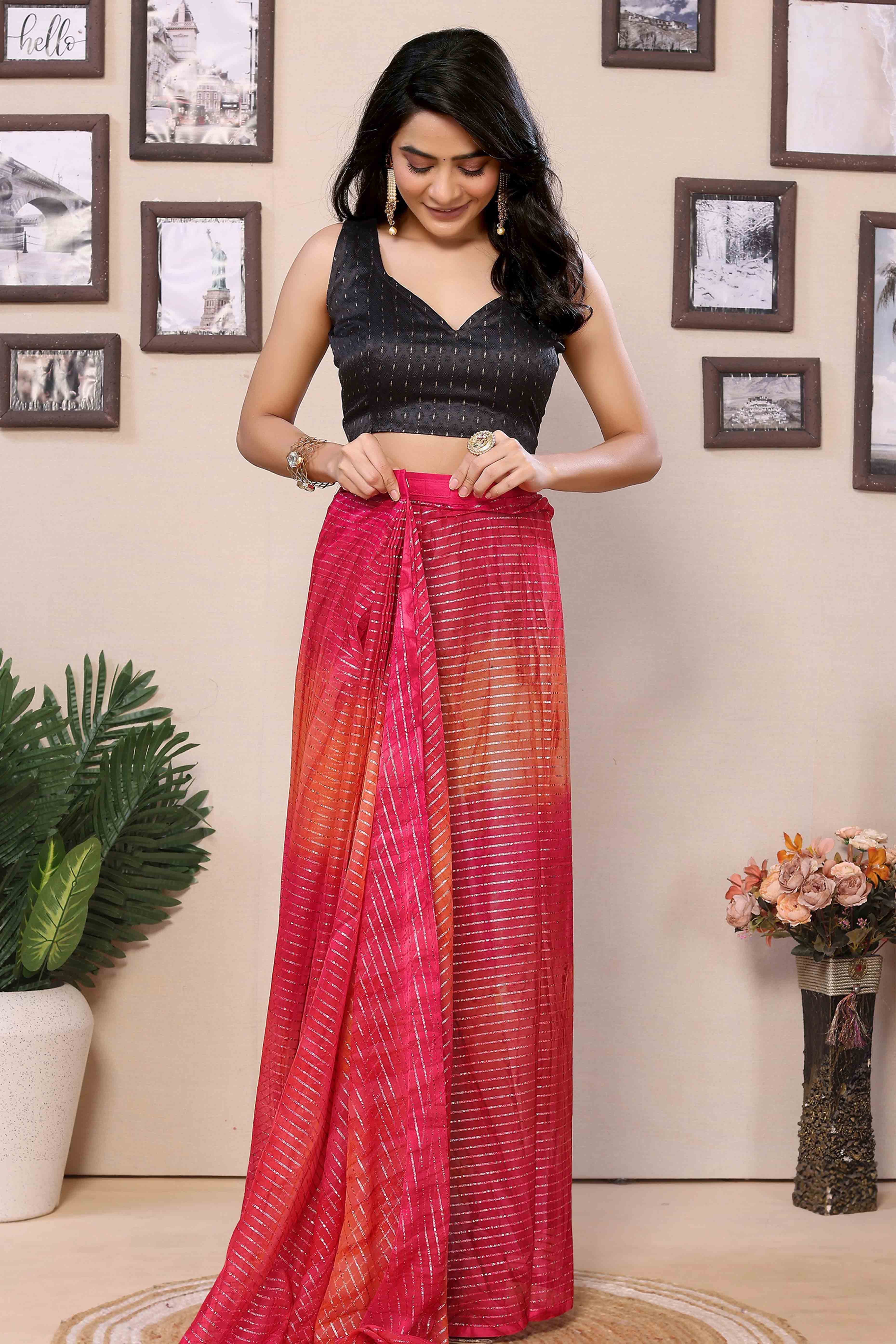 Magenta & Orange Striped Zari With Digital Printed Georgette Ready To Wear Saree