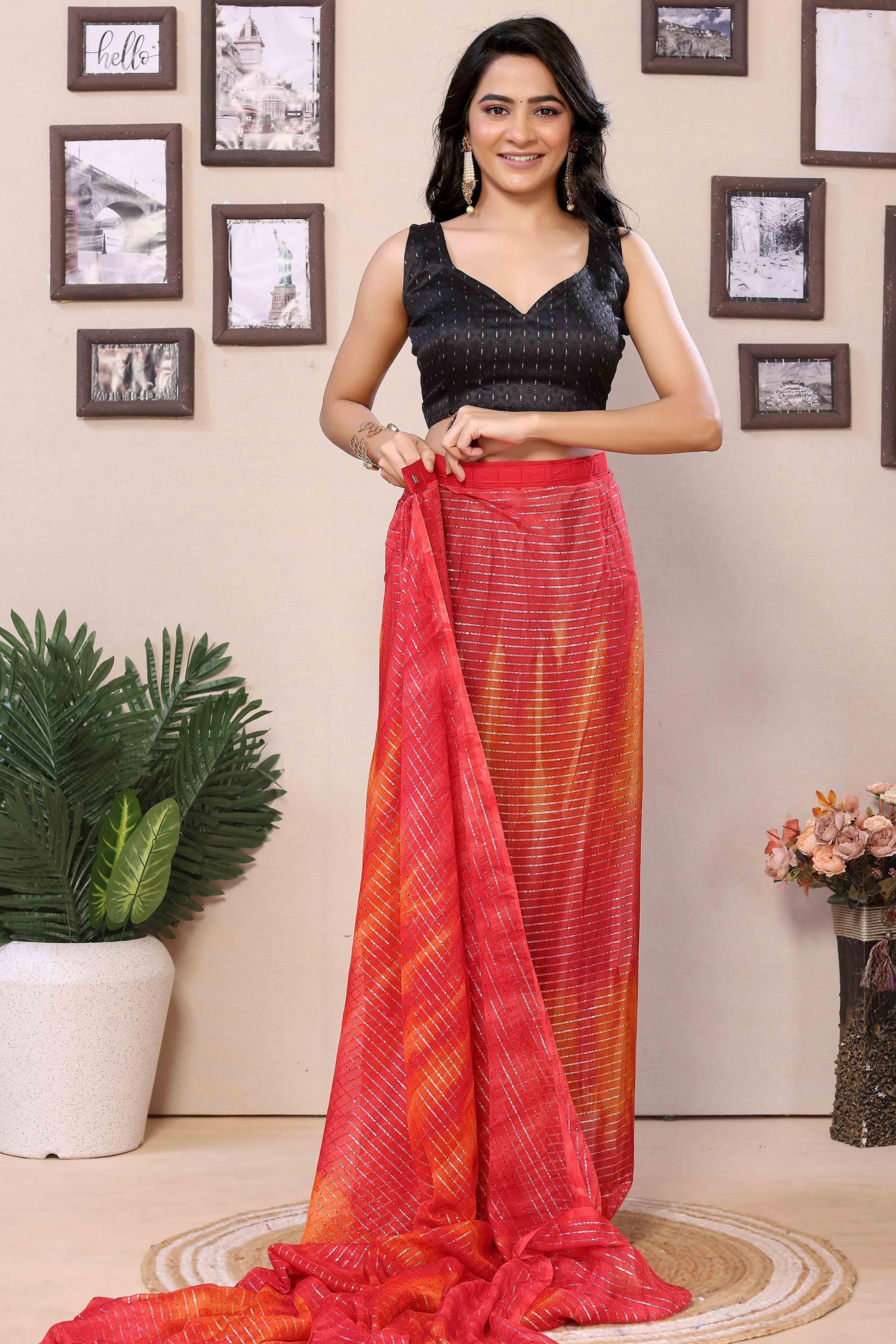 Pink & Orange Striped Zari With Digital Printed Georgette Ready To Wear Saree