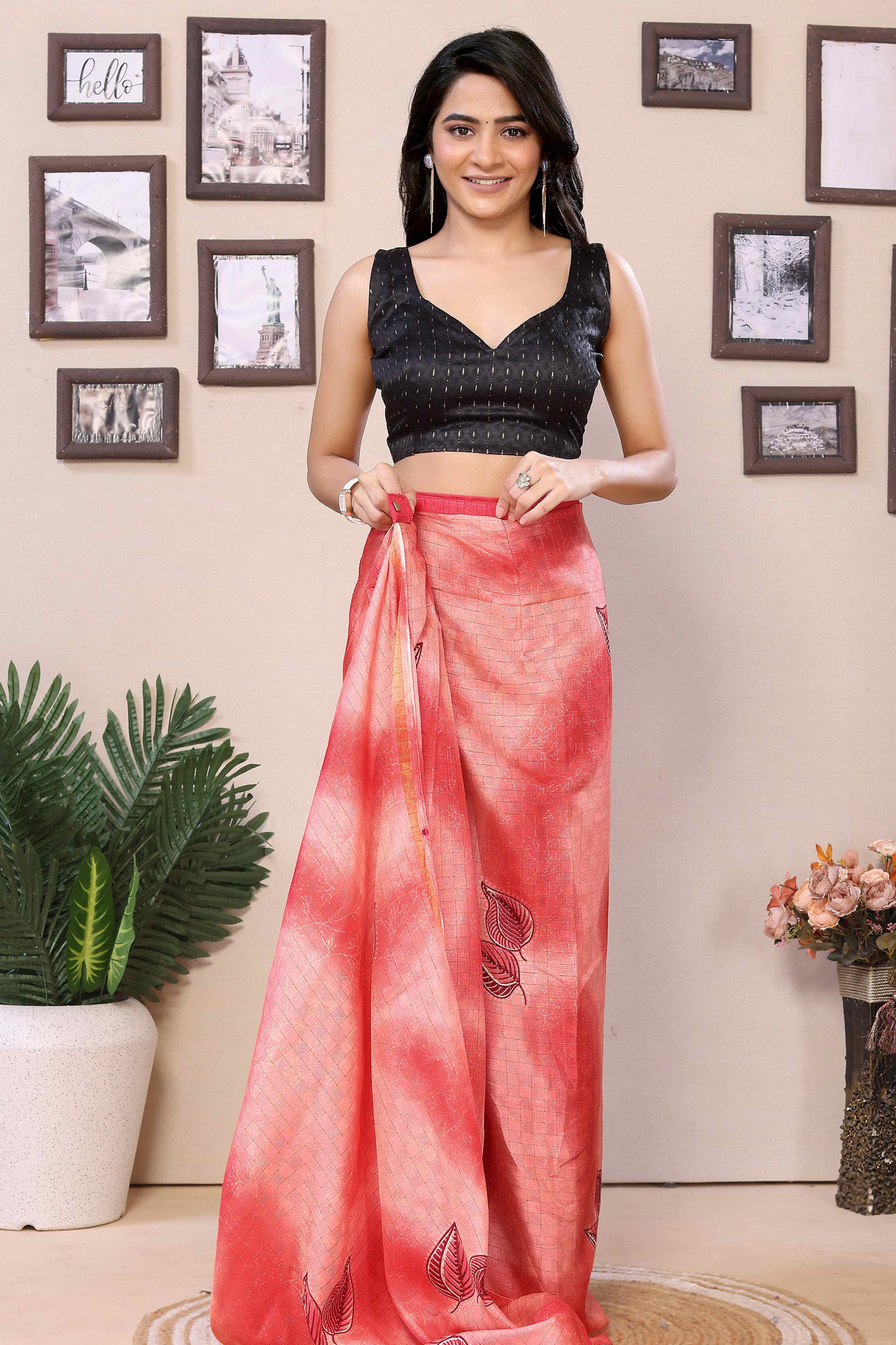 Peach & Red Woven With Printed Silk Ready To Wear Saree