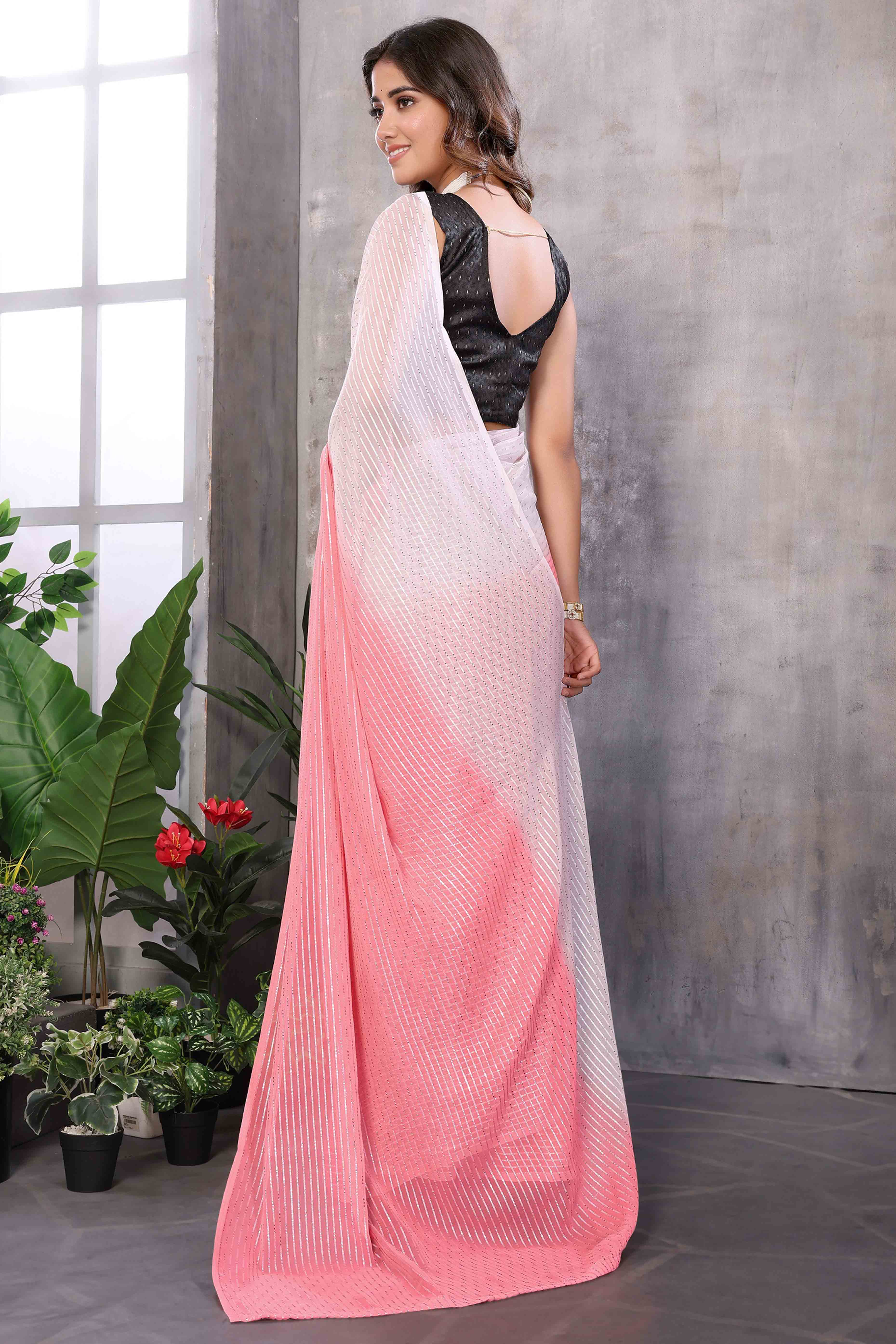 Pink Striped Zari Woven Art Silk Ready To Wear Saree