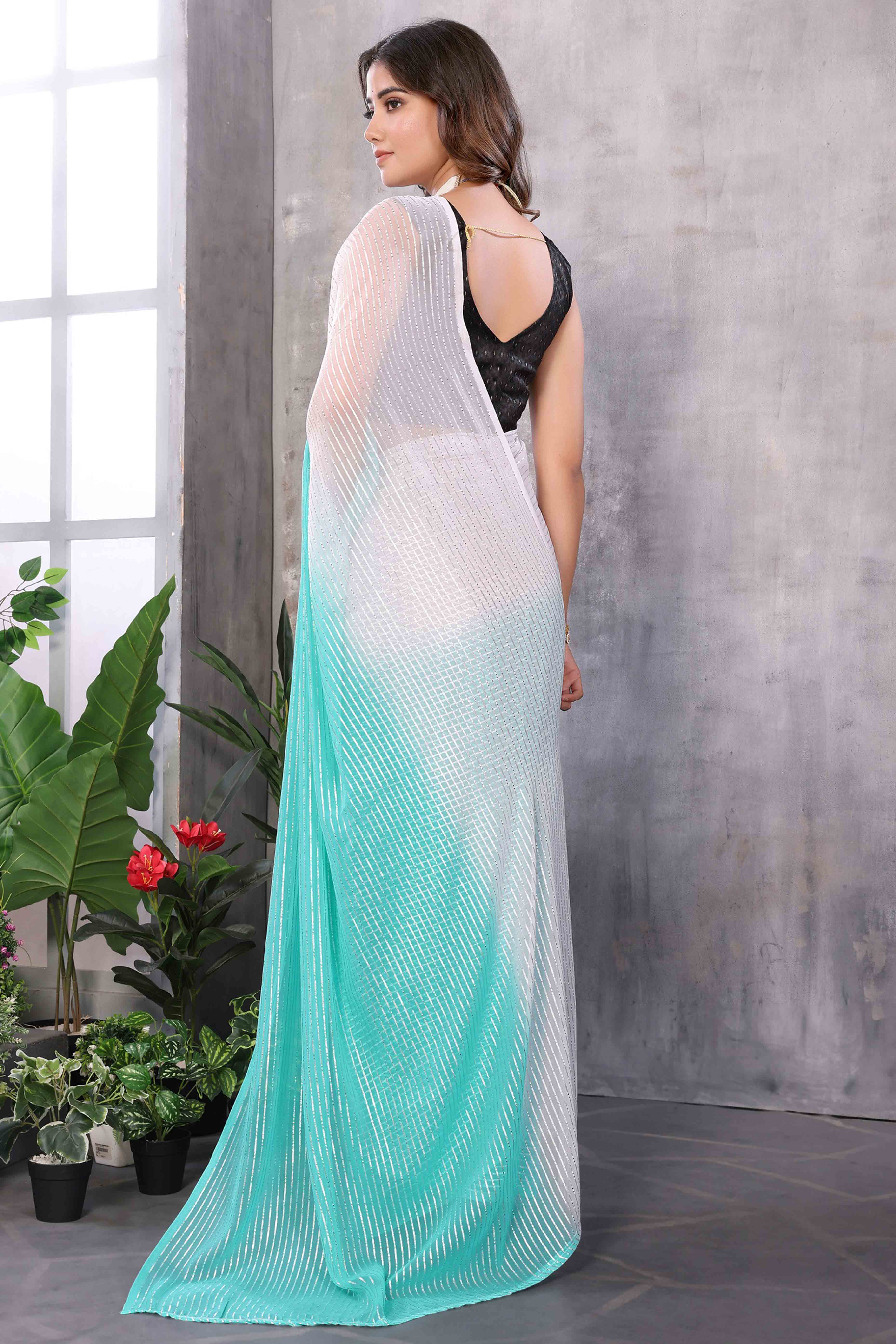 Sky Blue Striped Zari Woven Art Silk Ready To Wear Saree