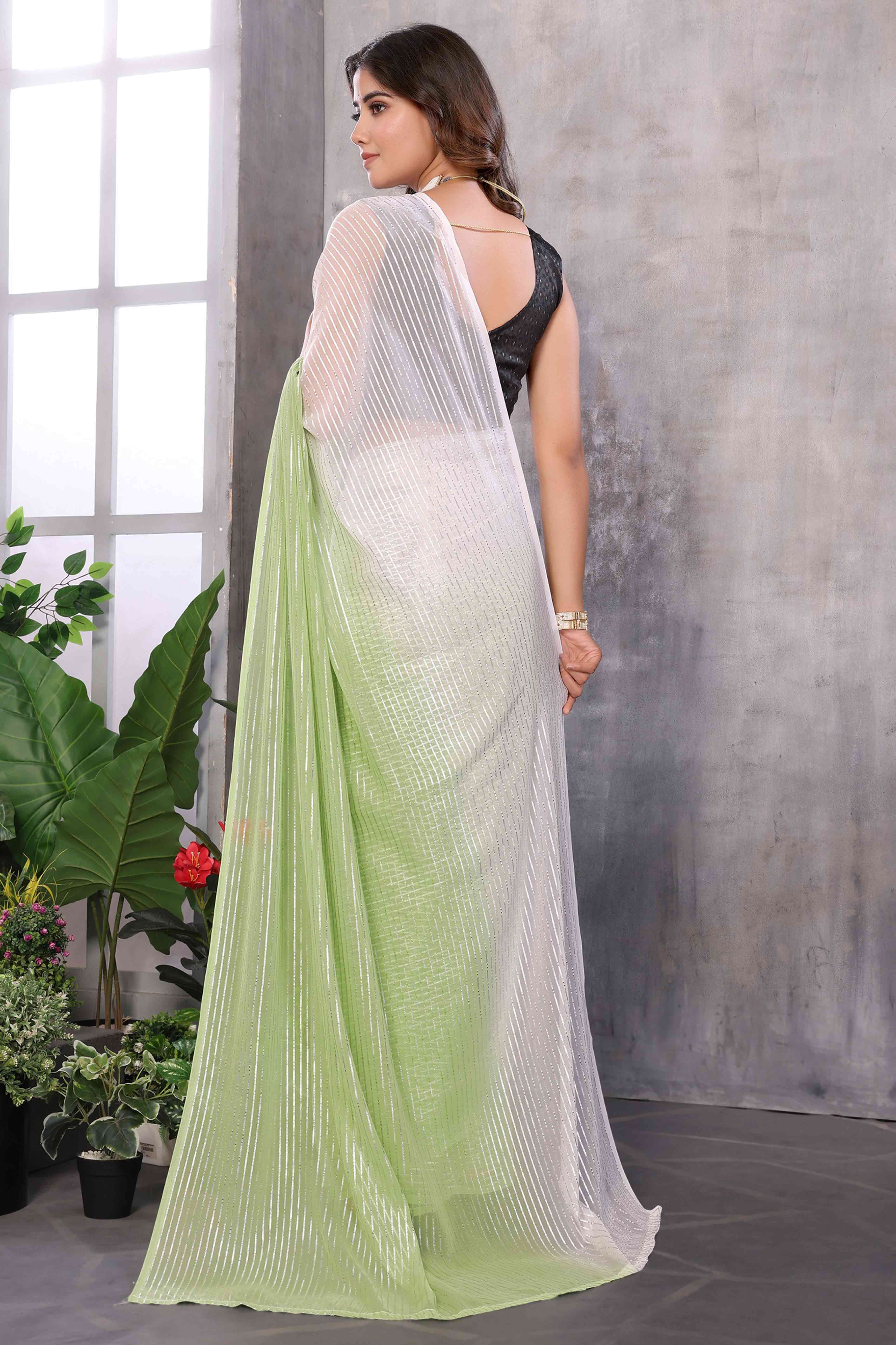 Pista Green Striped Zari Woven Art Silk Ready To Wear Saree
