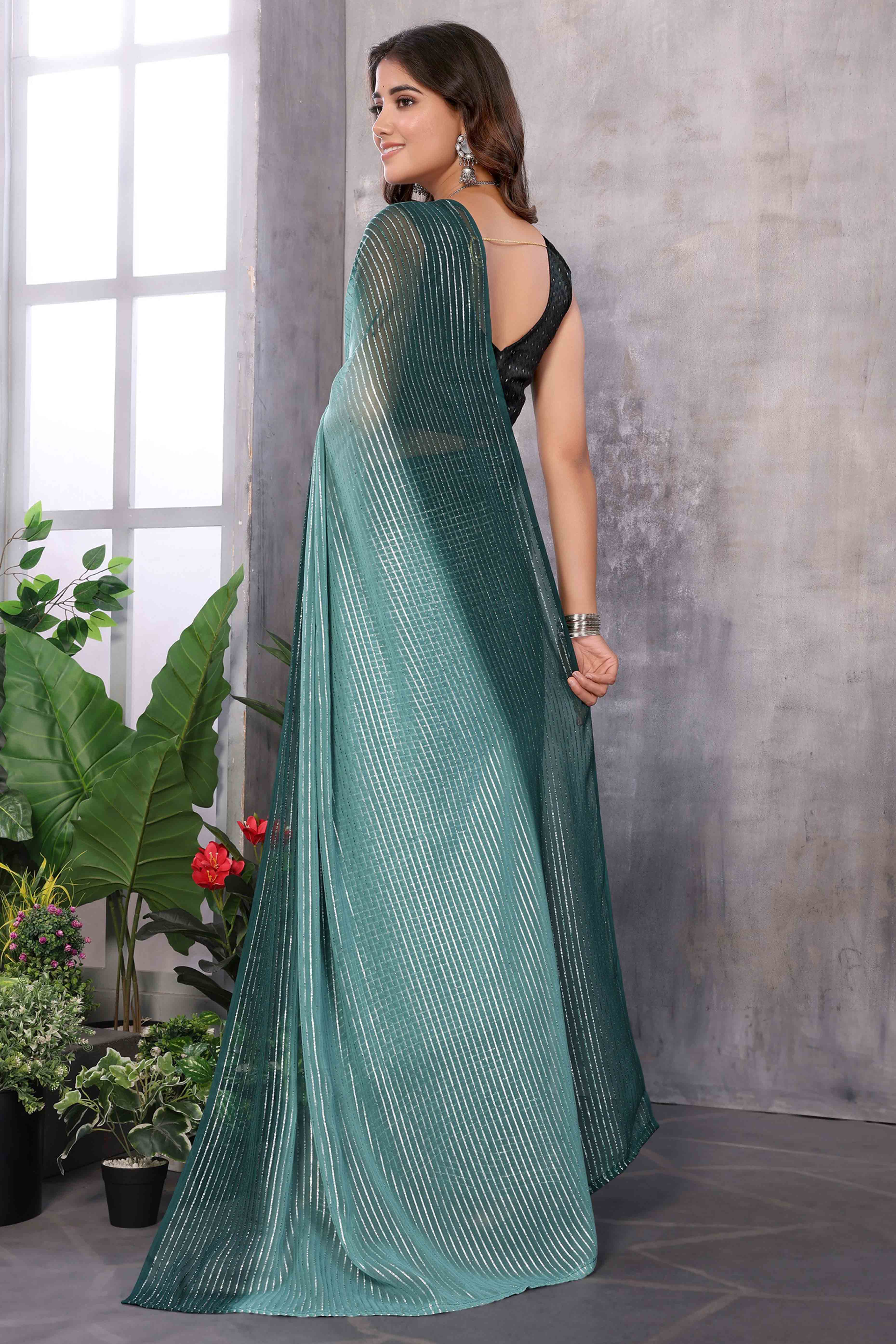 Teal Striped Zari Woven Art Silk Ready To Wear Saree