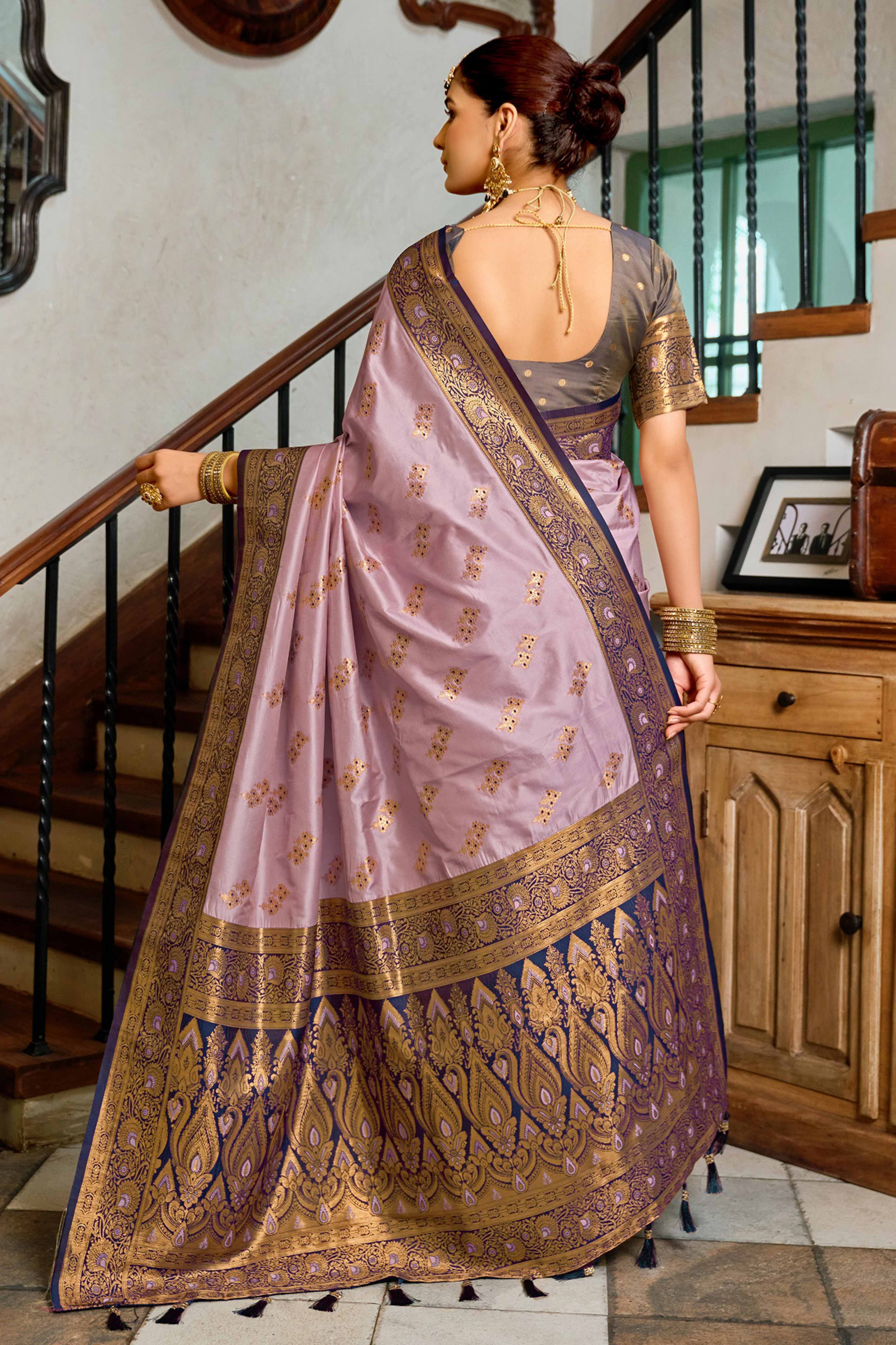 Lavender Silk Blend Saree Featuring Intricate Floral Zari Work