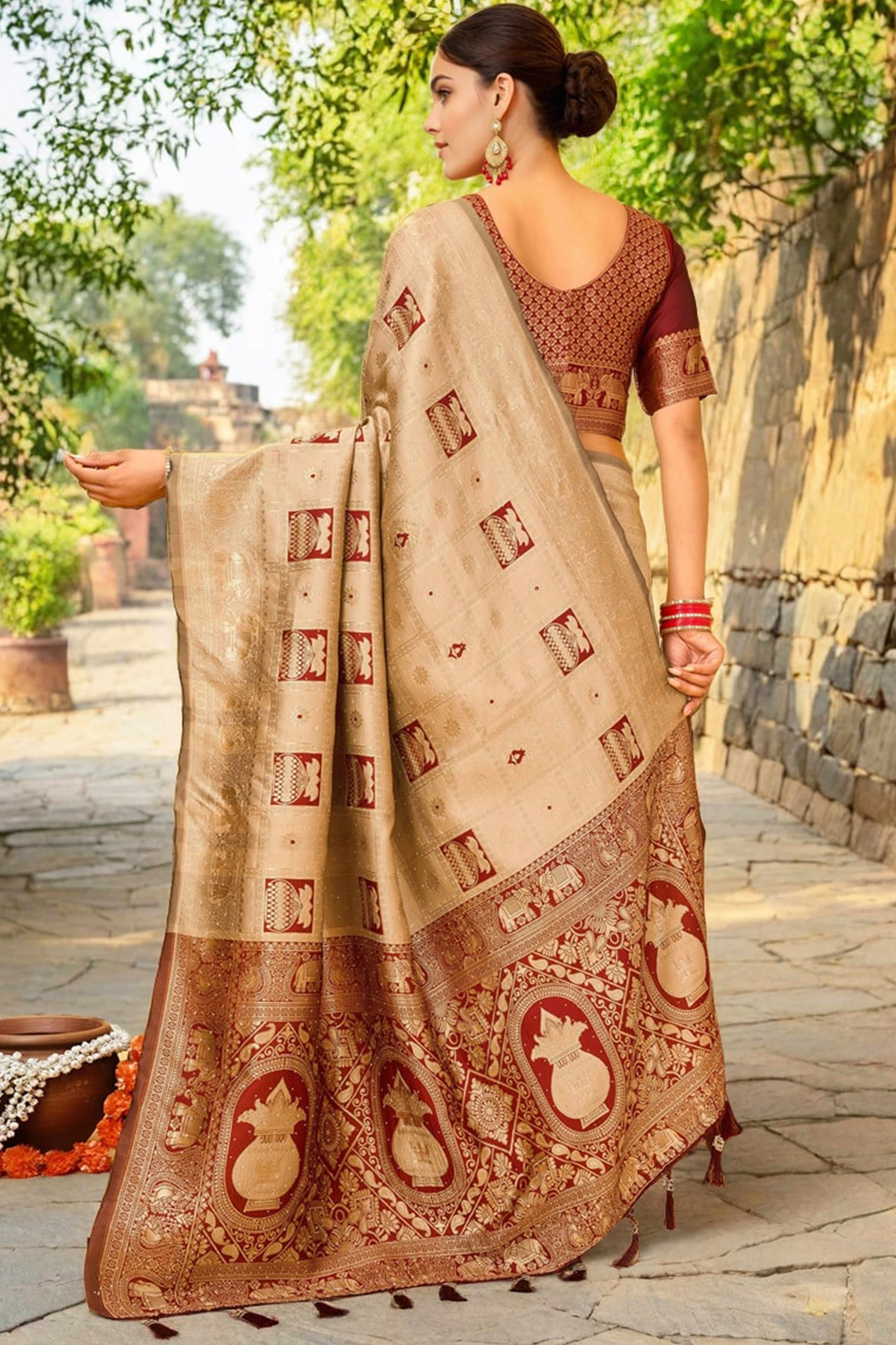 Chikoo Floral Weaving Paithani Saree In Soft Silk Accented With A Stylish Tassel Border Pallu