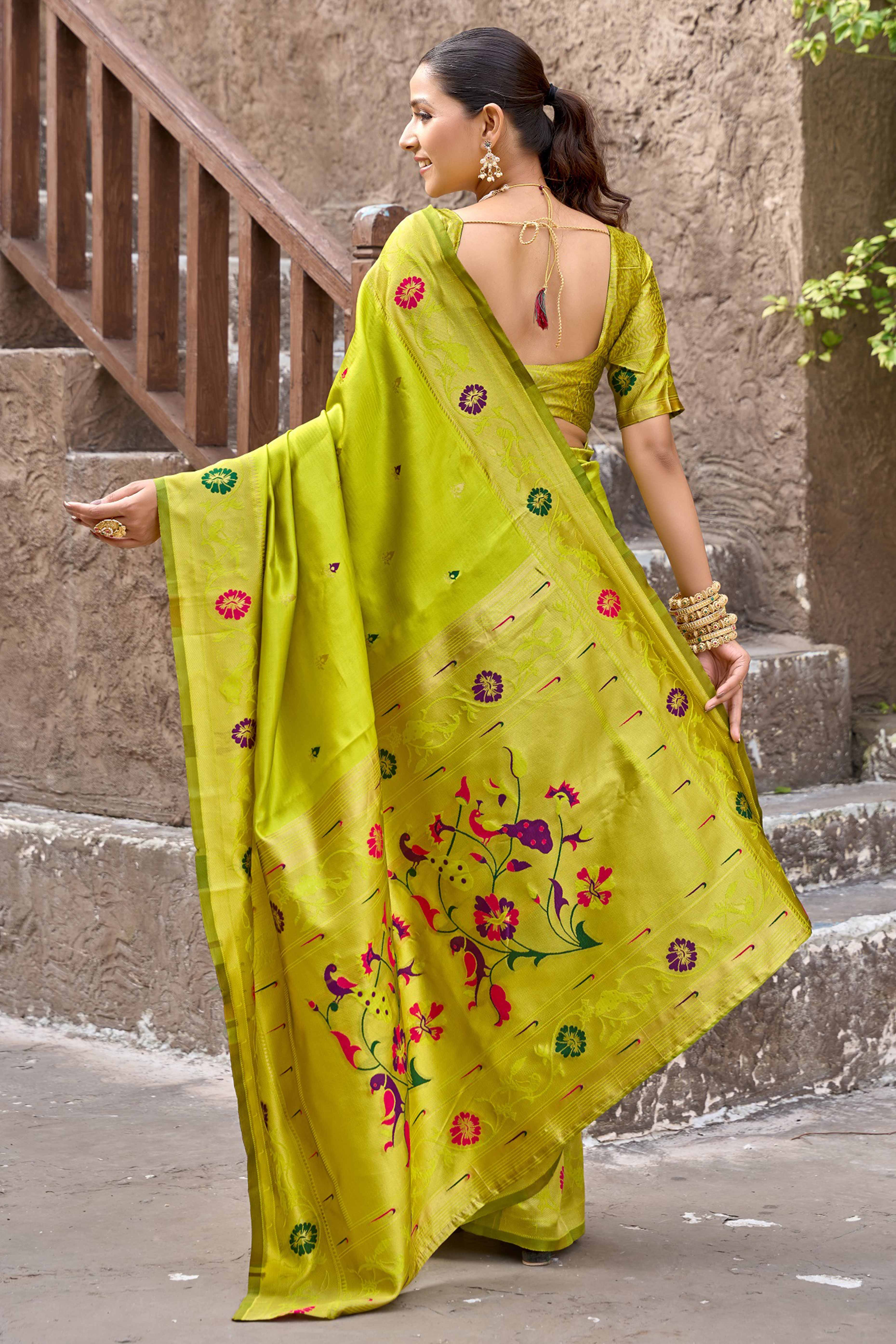 Parrot Green Paithani Style Soft Silk Saree with Zari Weaving