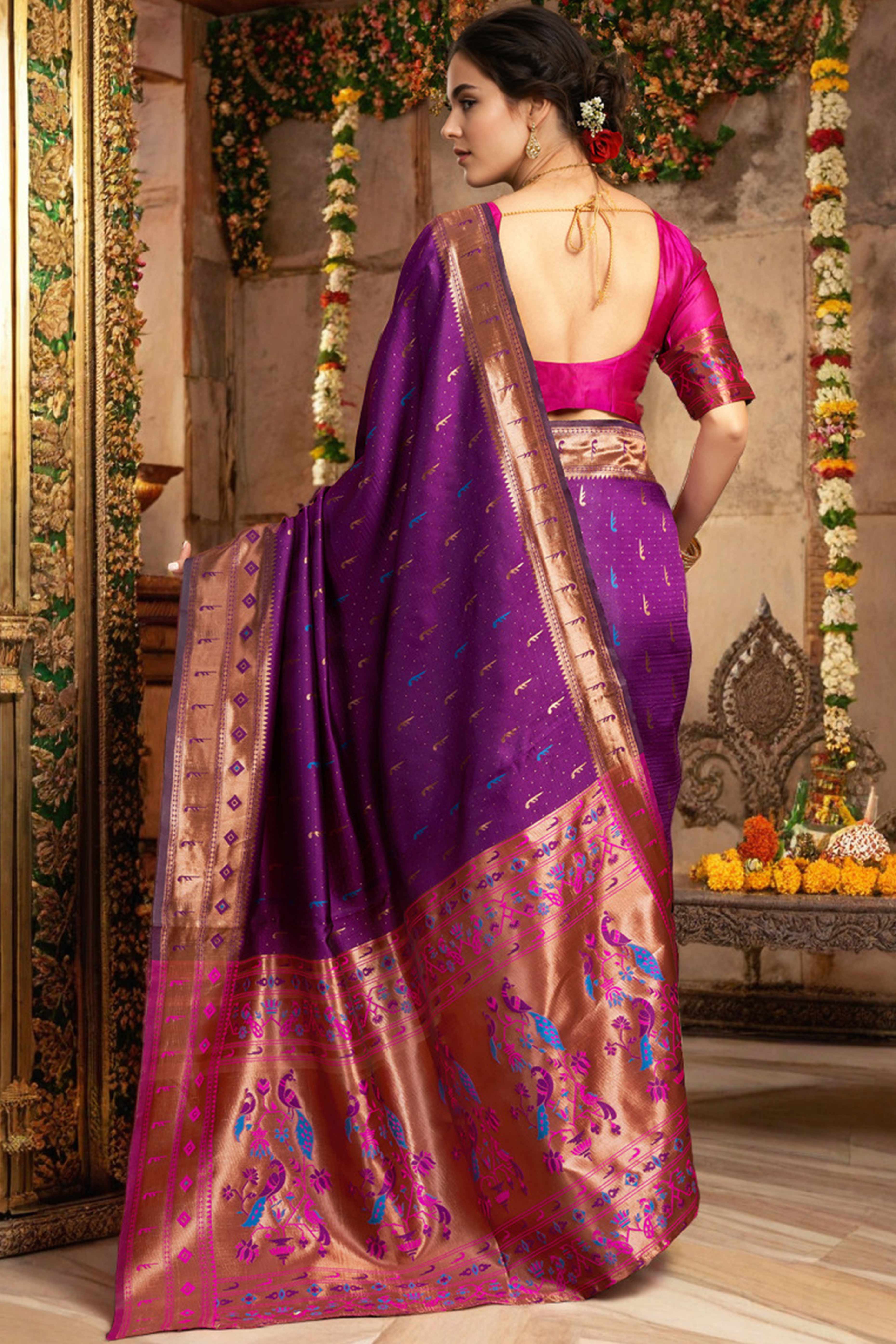 Purple Silk Blend Paithani Saree Adorned With Zari Weaving & Peacock Motif Pallu