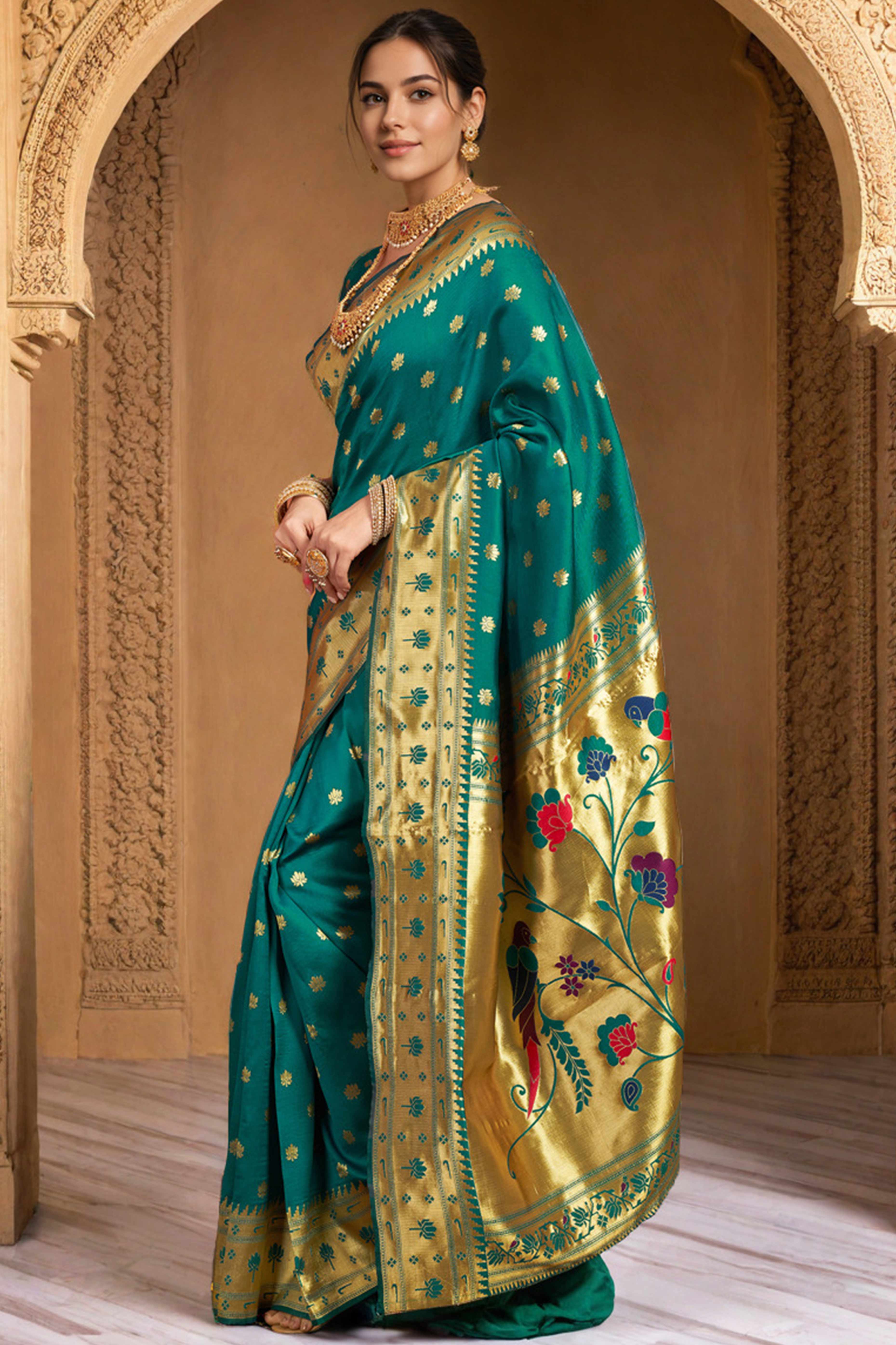 Rama Green Weaving Silk Blend Paithani Saree With Floral & Parrot Motif Pallu