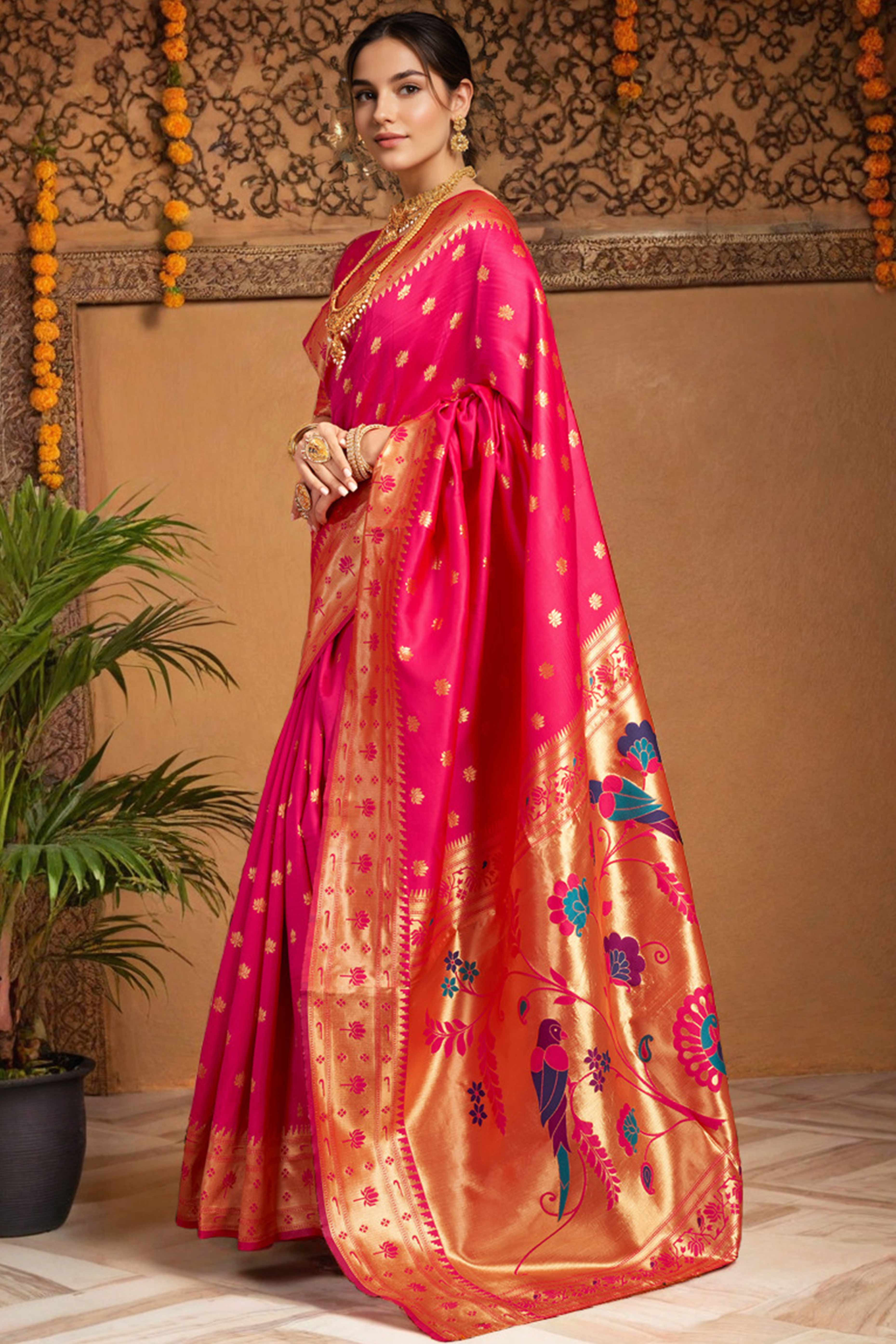 Pink Weaving Silk Blend Paithani Saree With Floral & Parrot Motif Pallu