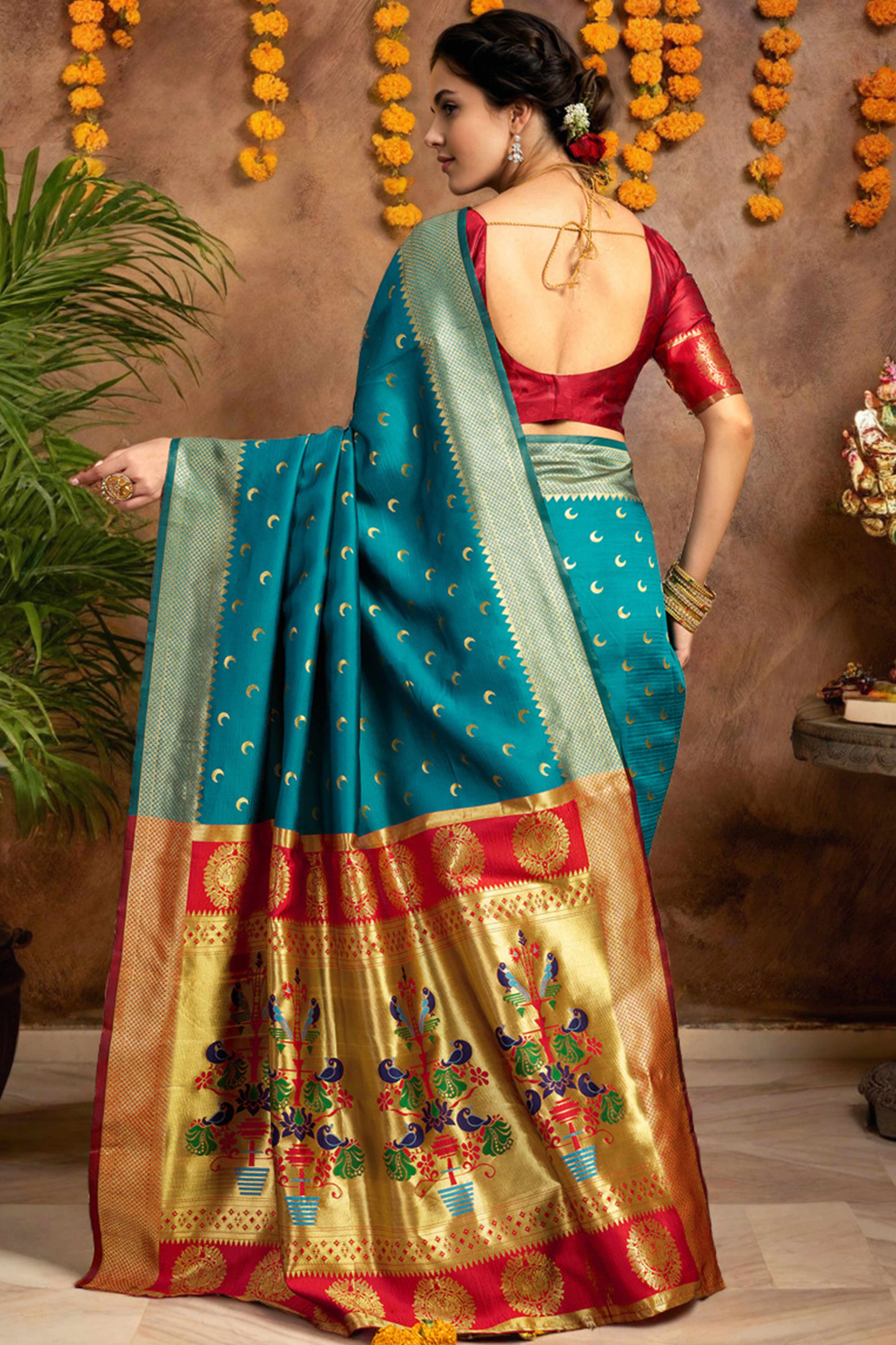 Rama Blue Chandrakor Paithani Silk Blend Saree With Intricate Zari Weaving