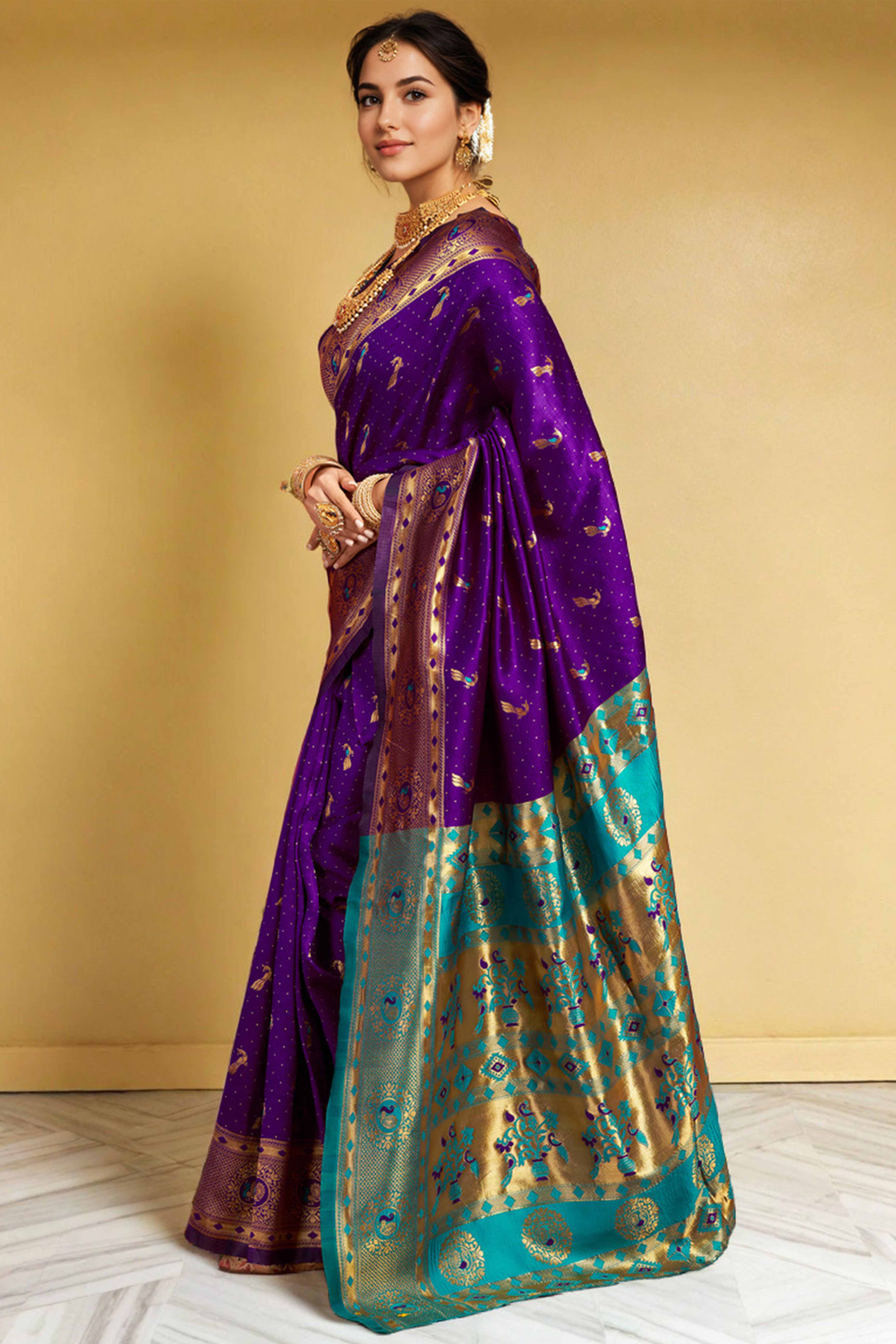 Purple Paithani Silk Blend Saree Featuring Intricate Zari Peacock &  Floral Weaving