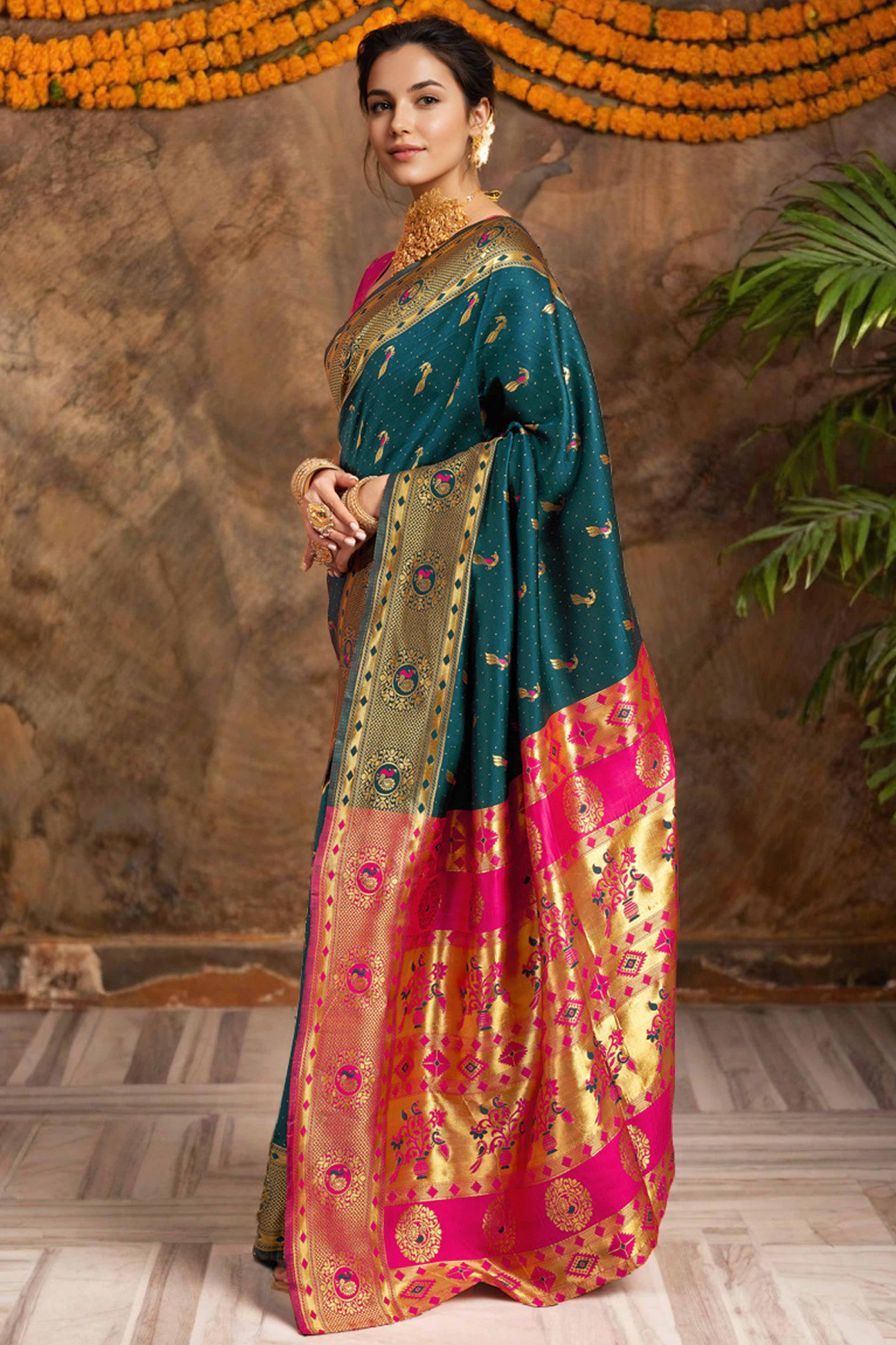 Teal Paithani Silk Blend Saree Featuring Intricate Zari Peacock &  Floral Weaving