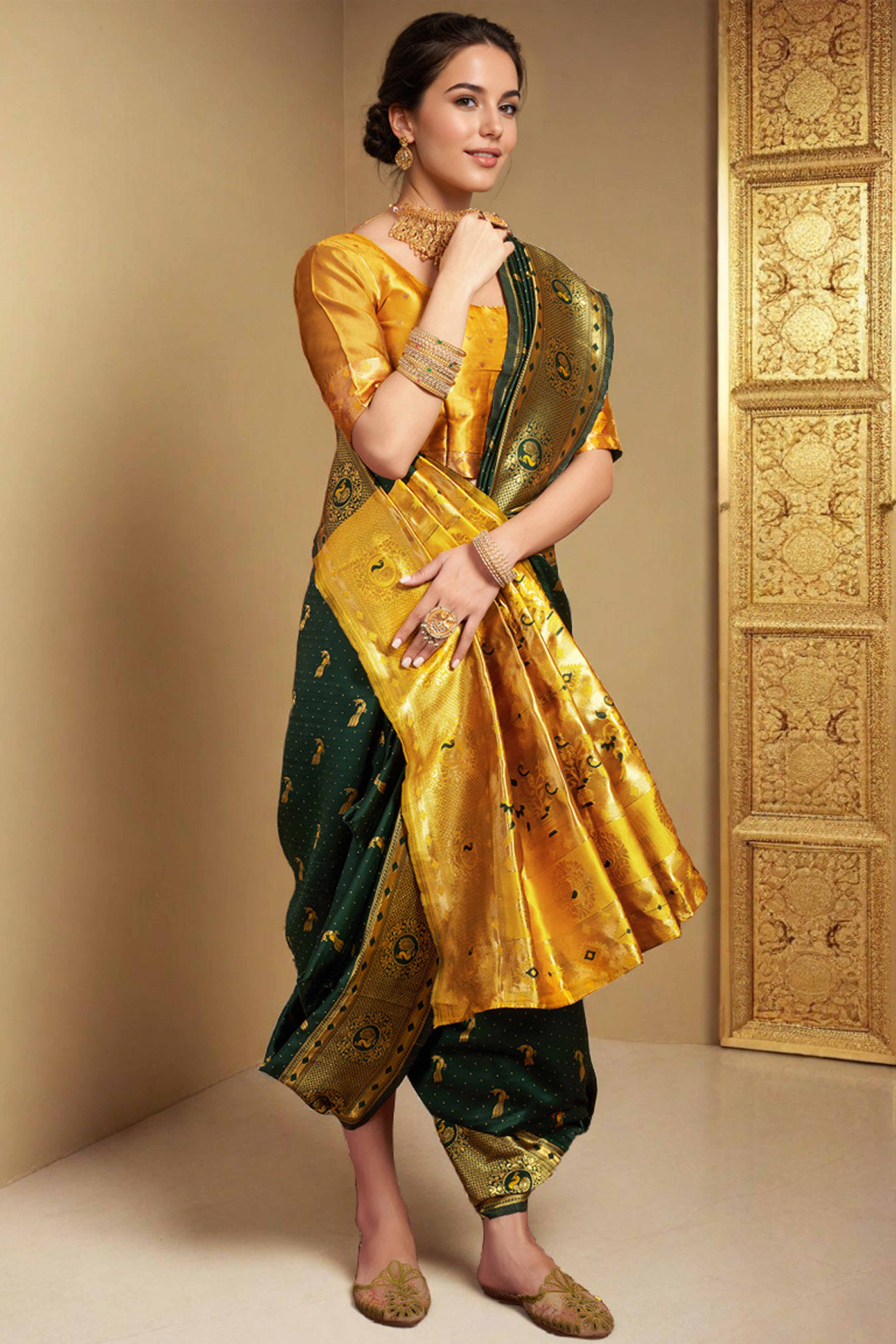 Green Paithani Silk Blend Saree Featuring Intricate Zari Peacock &  Floral Weaving