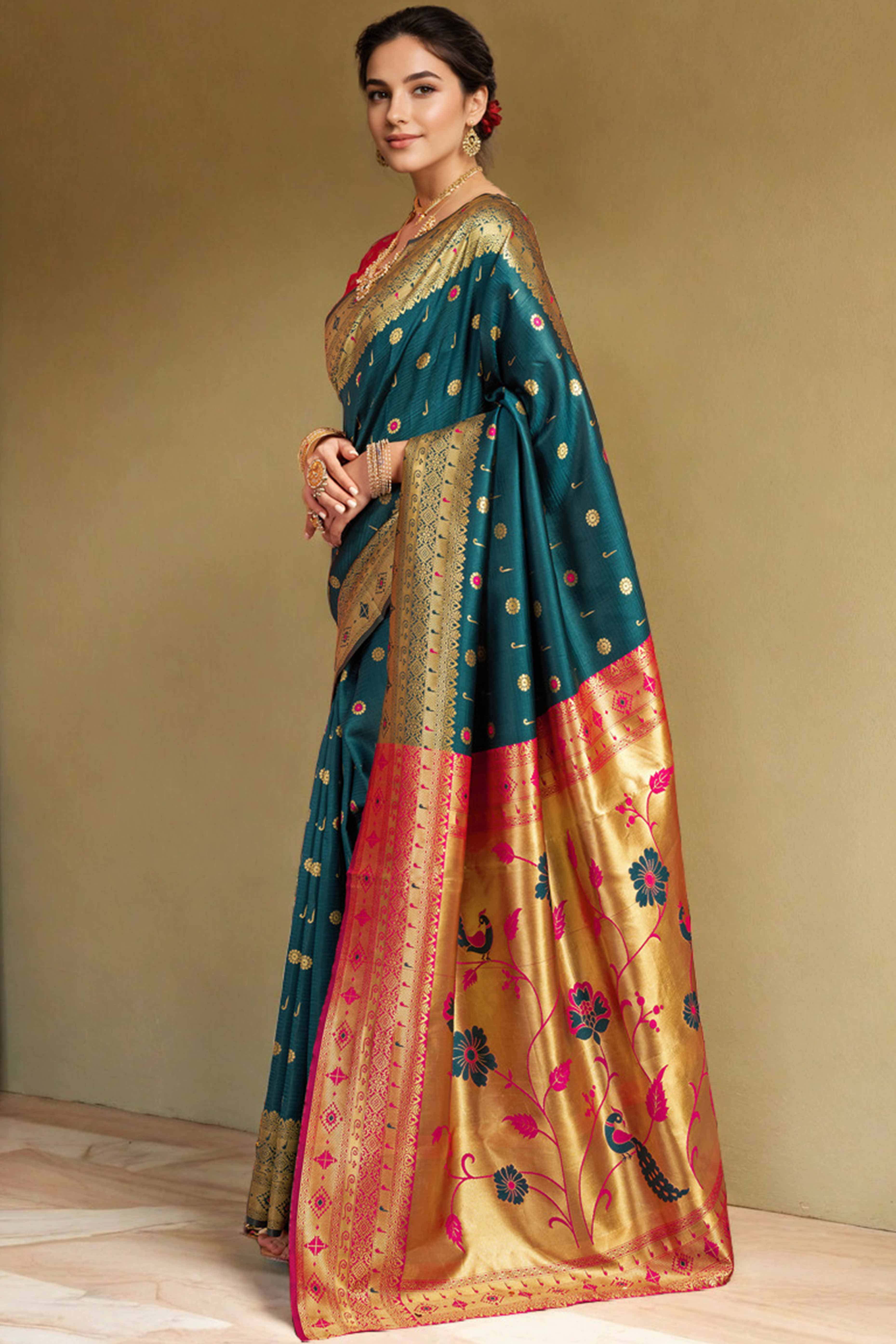 Teal Silk Blend Saree With Traditional Paithani Zari Weaving Of Peacock & Floral Designs