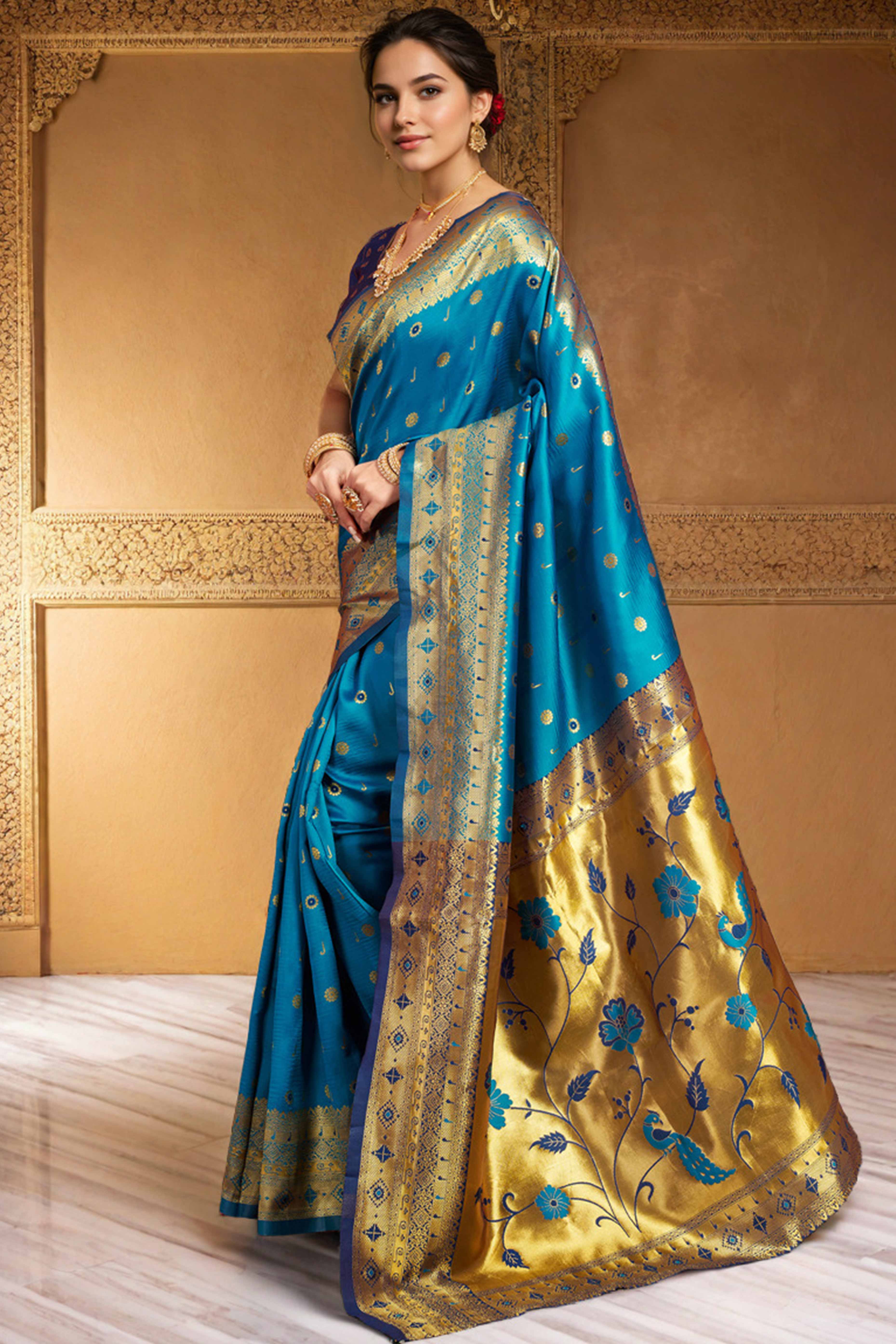 Blue Silk Blend Saree With Traditional Paithani Zari Weaving Of Peacock & Floral Designs