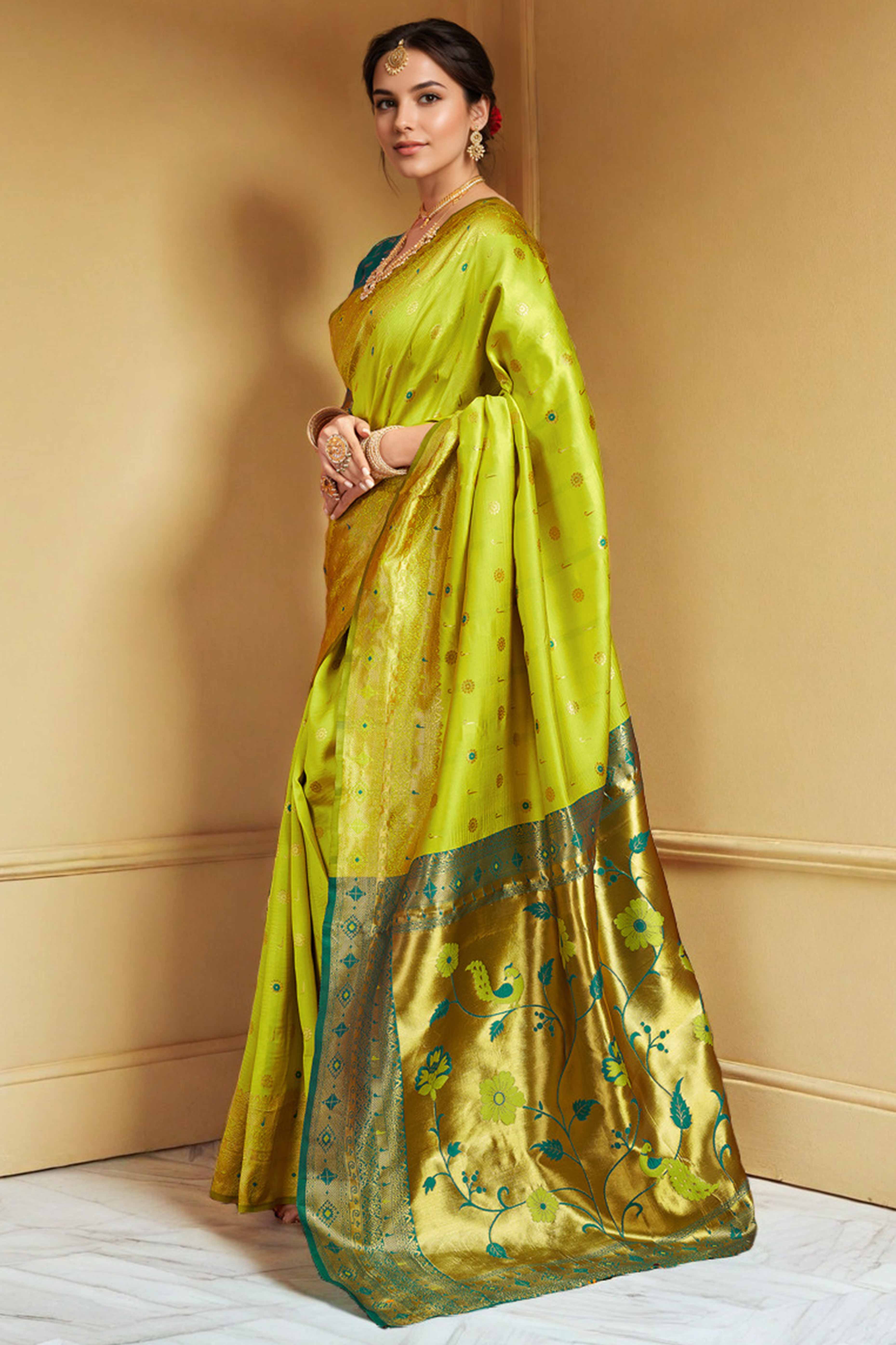 Green Silk Blend Saree With Traditional Paithani Zari Weaving Of Peacock & Floral Designs
