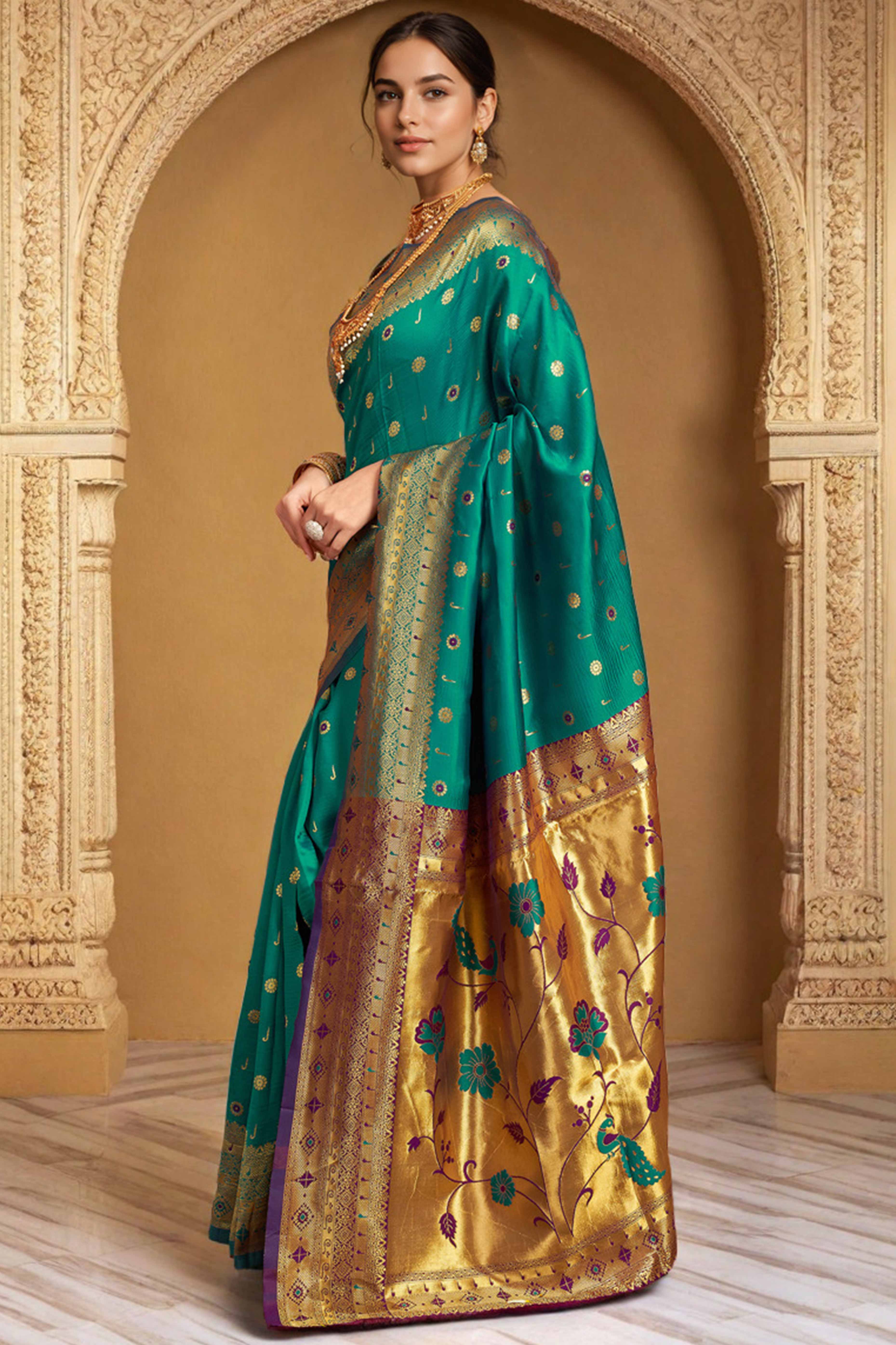 Rama Green Silk Blend Saree With Traditional Paithani Zari Weaving Of Peacock & Floral Designs