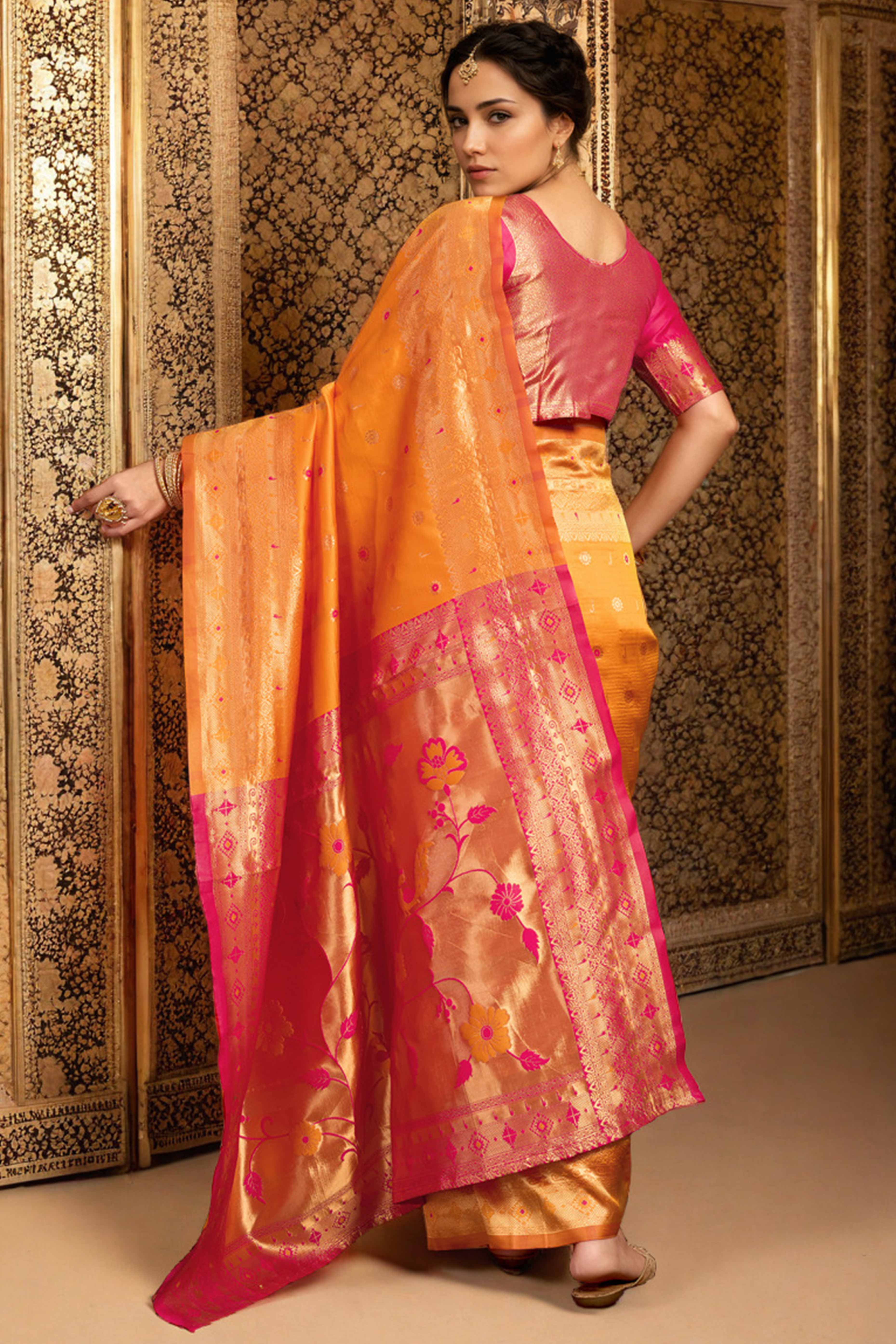 Orange Silk Blend Saree With Traditional Paithani Zari Weaving Of Peacock & Floral Designs