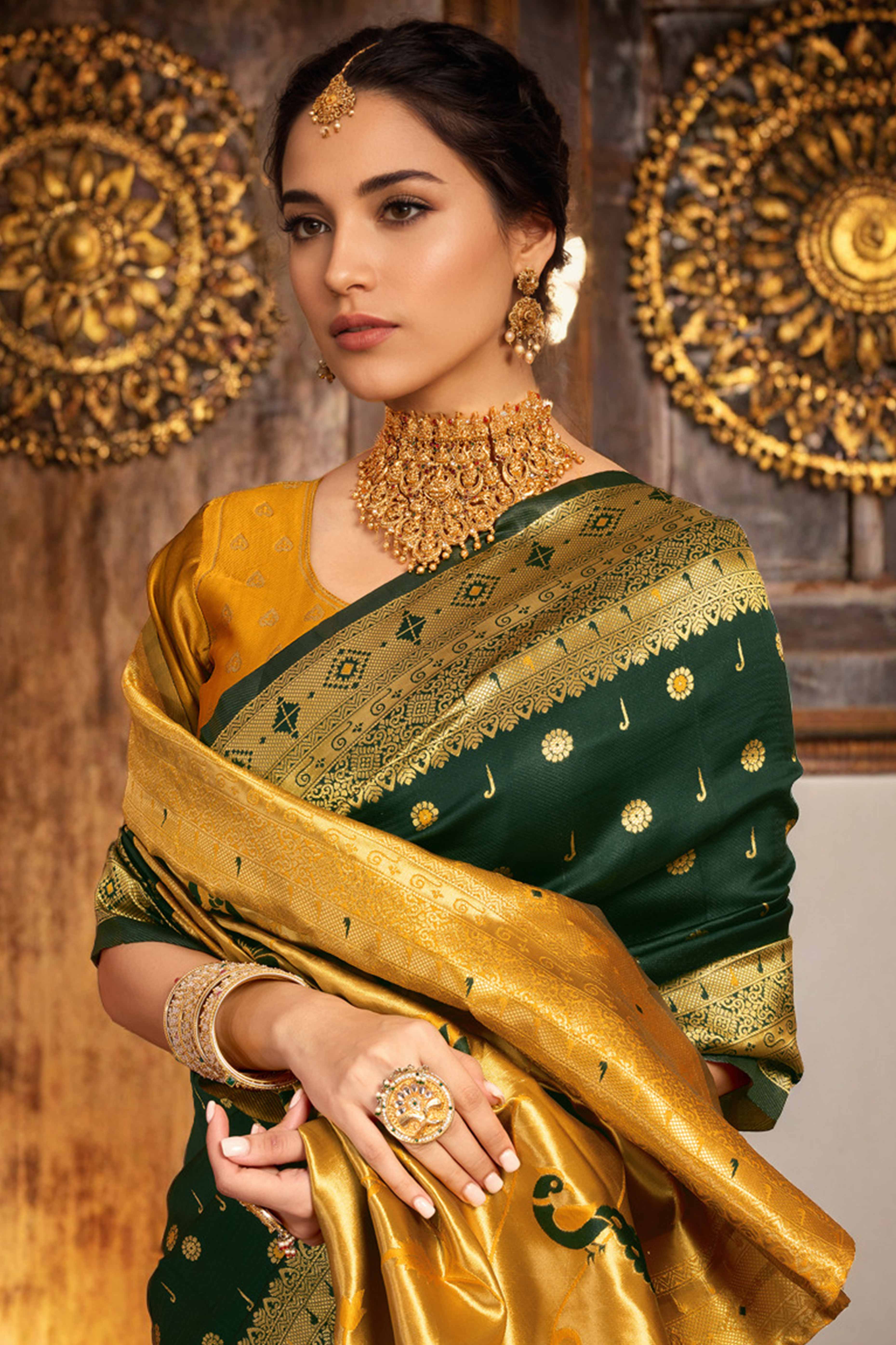 Dark Green Silk Blend Saree With Traditional Paithani Zari Weaving Of Peacock & Floral Designs