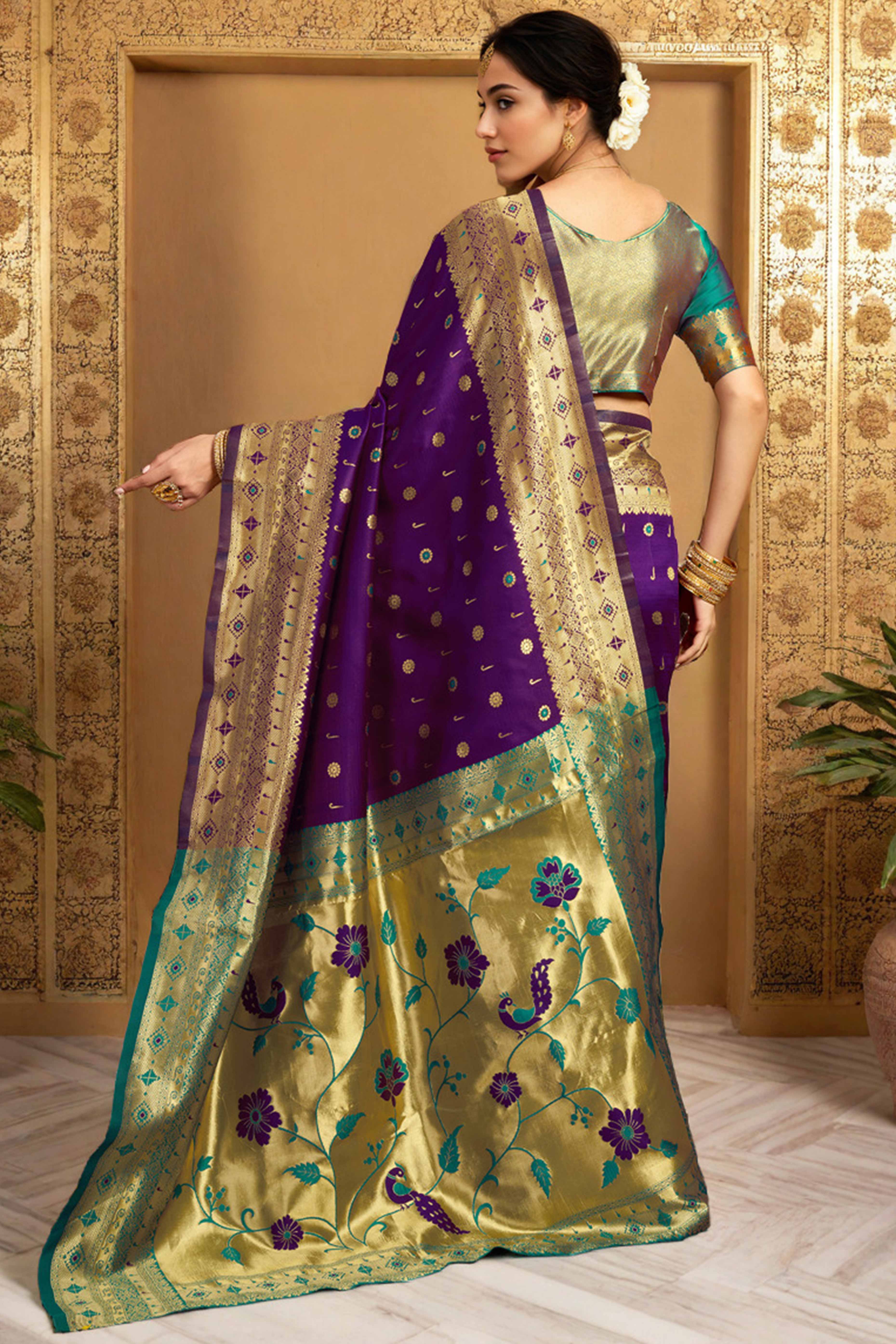 Purple Silk Blend Saree With Traditional Paithani Zari Weaving Of Peacock & Floral Designs