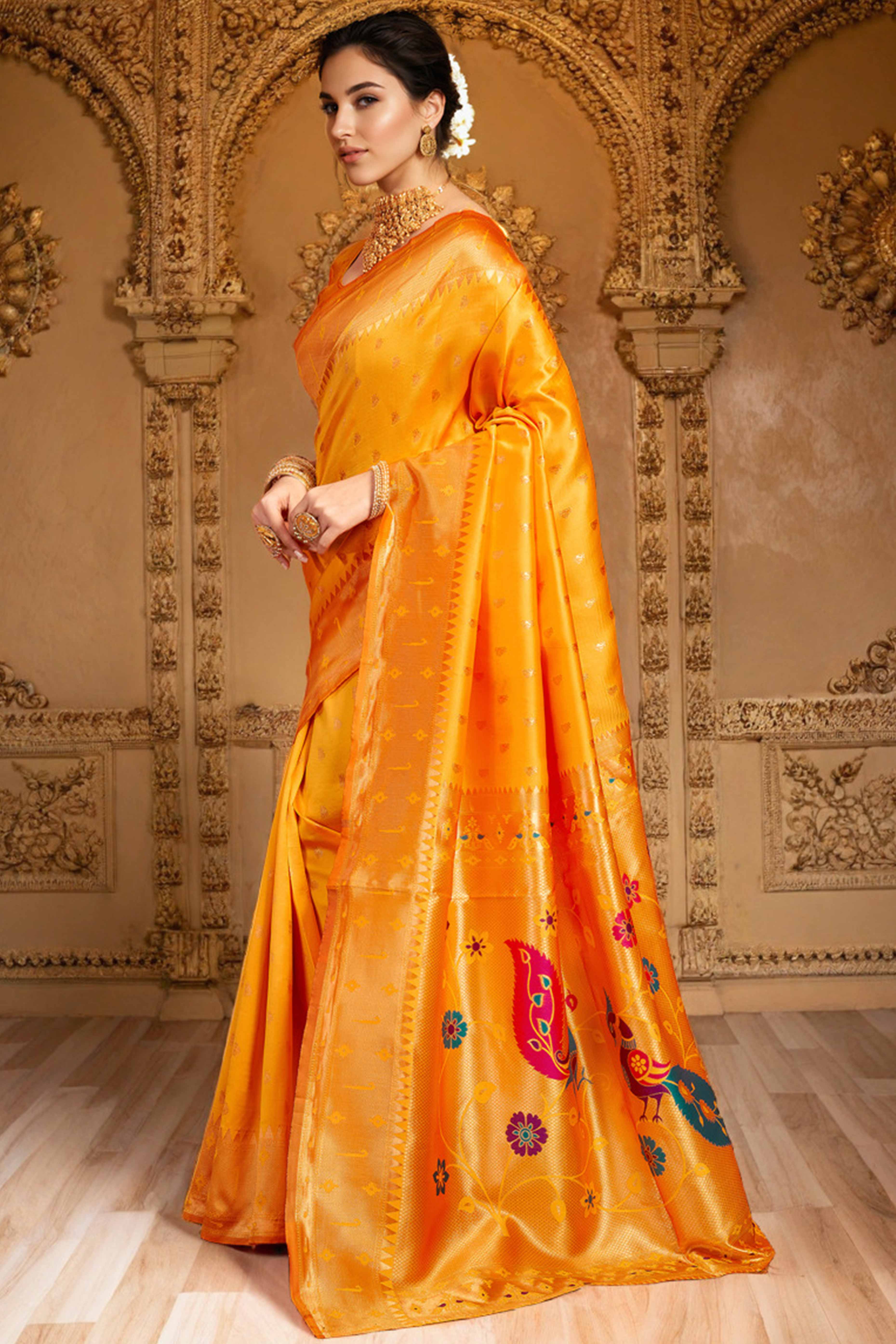 Orange Paithani Saree In Silk Blend Highlighted With Zari Woven Peacock & Floral Motifs