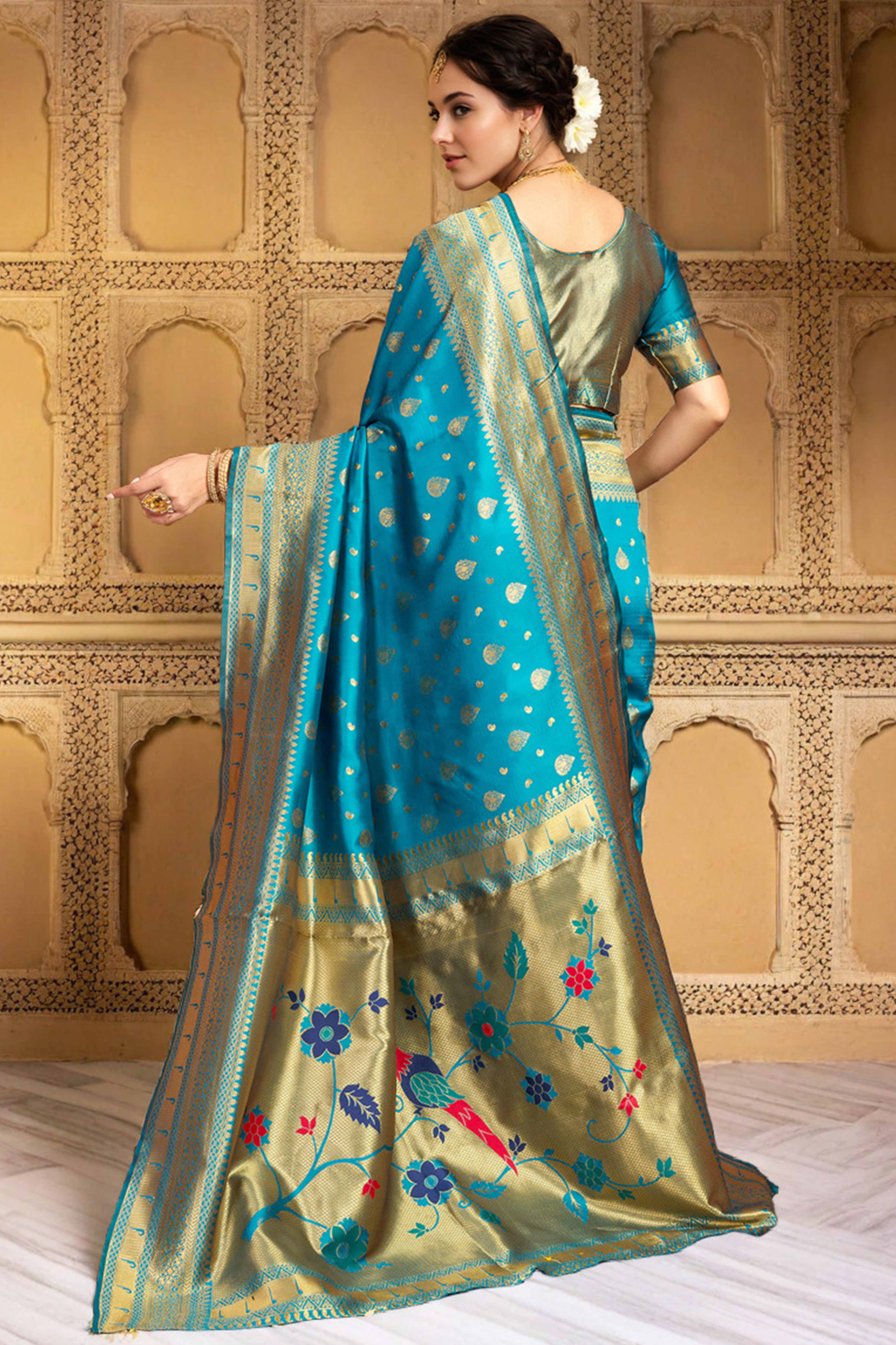 Blue Silk Blend Paithani Saree Showcasing Rich Zari Weaving With Birds & Floral Accents
