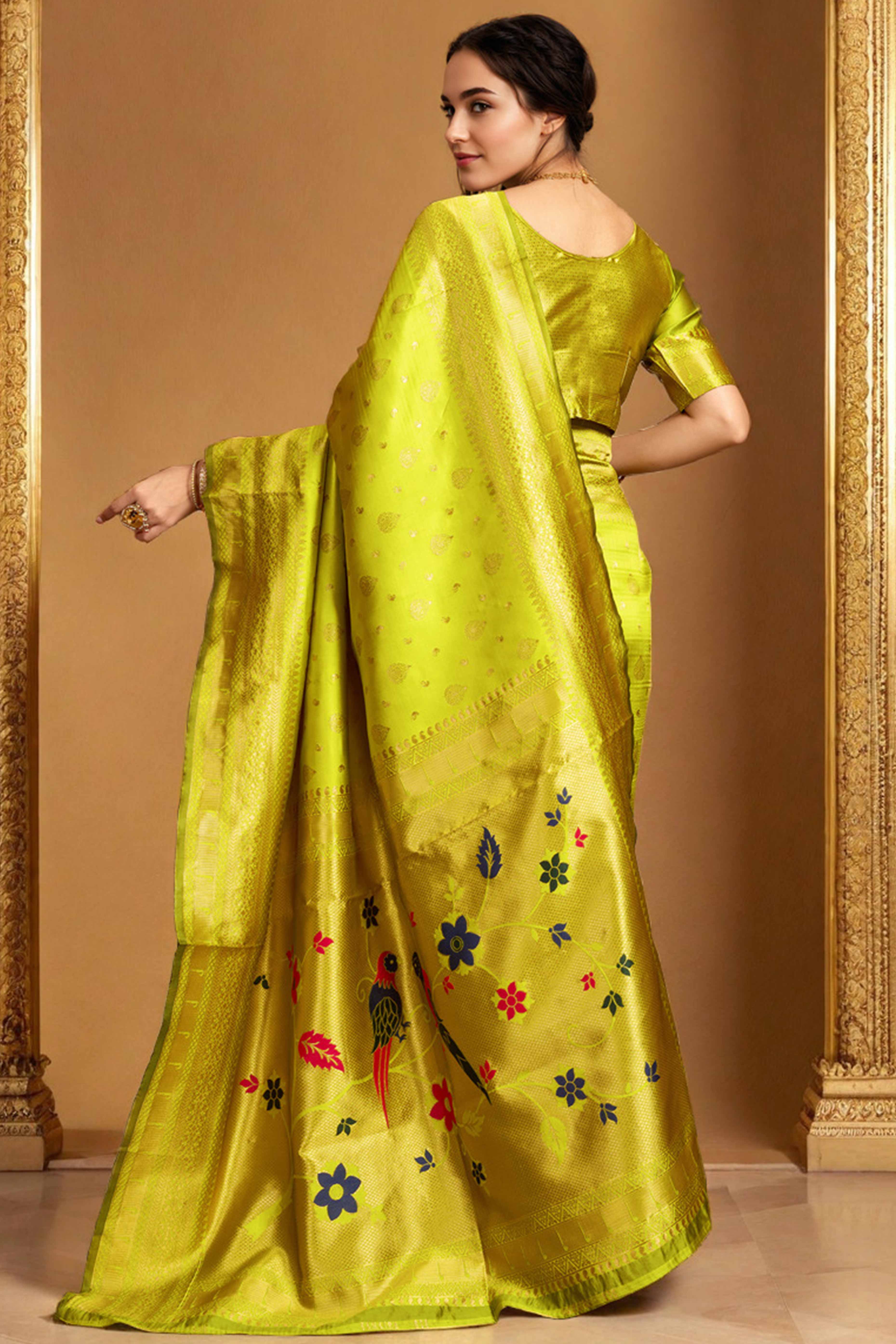 Lime Green Silk Blend Paithani Saree Showcasing Rich Zari Weaving With Birds & Floral Accents