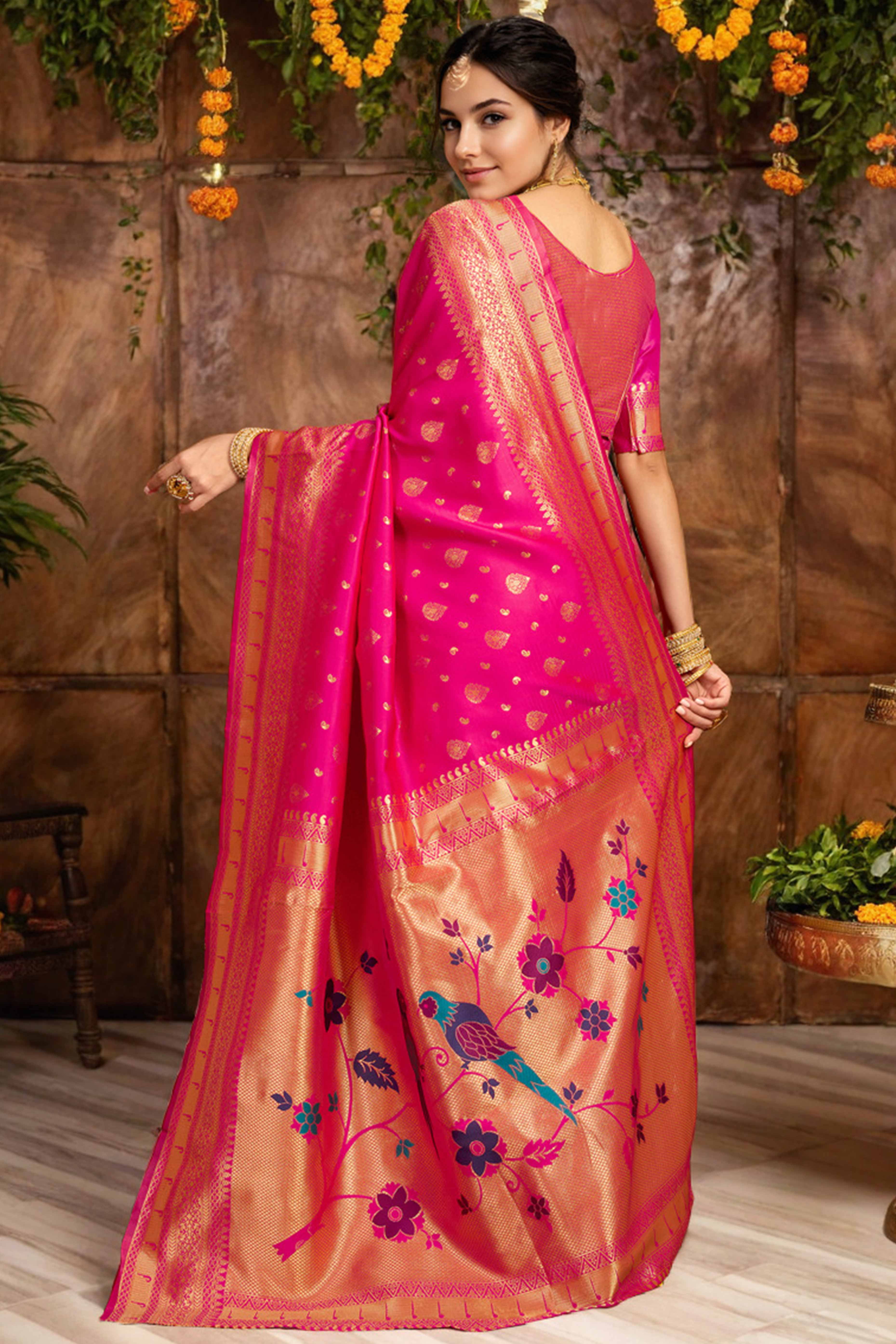 Pink Silk Blend Paithani Saree Showcasing Rich Zari Weaving With Birds & Floral Accents