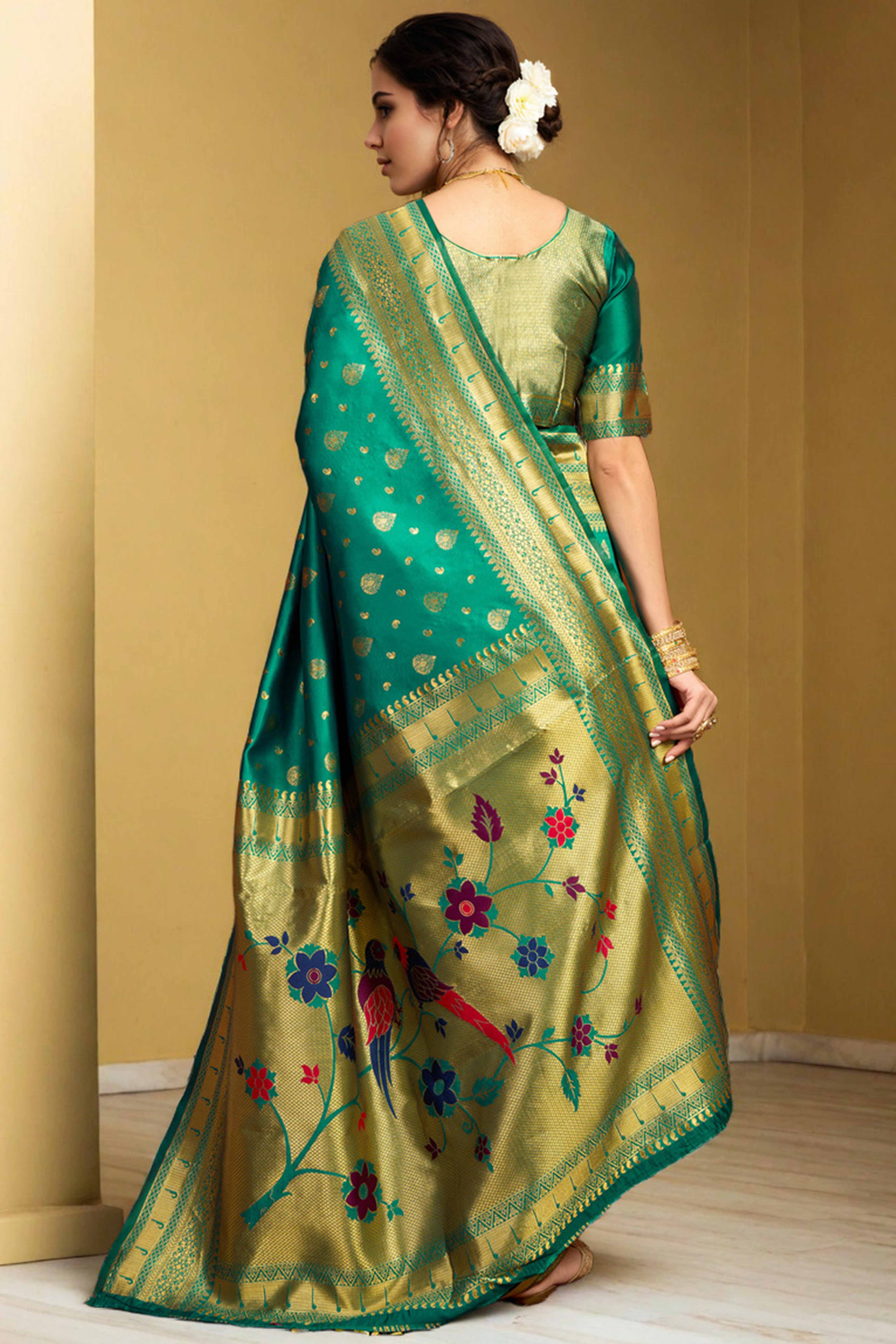 Rama Green Silk Blend Paithani Saree Showcasing Rich Zari Weaving With Birds & Floral Accents