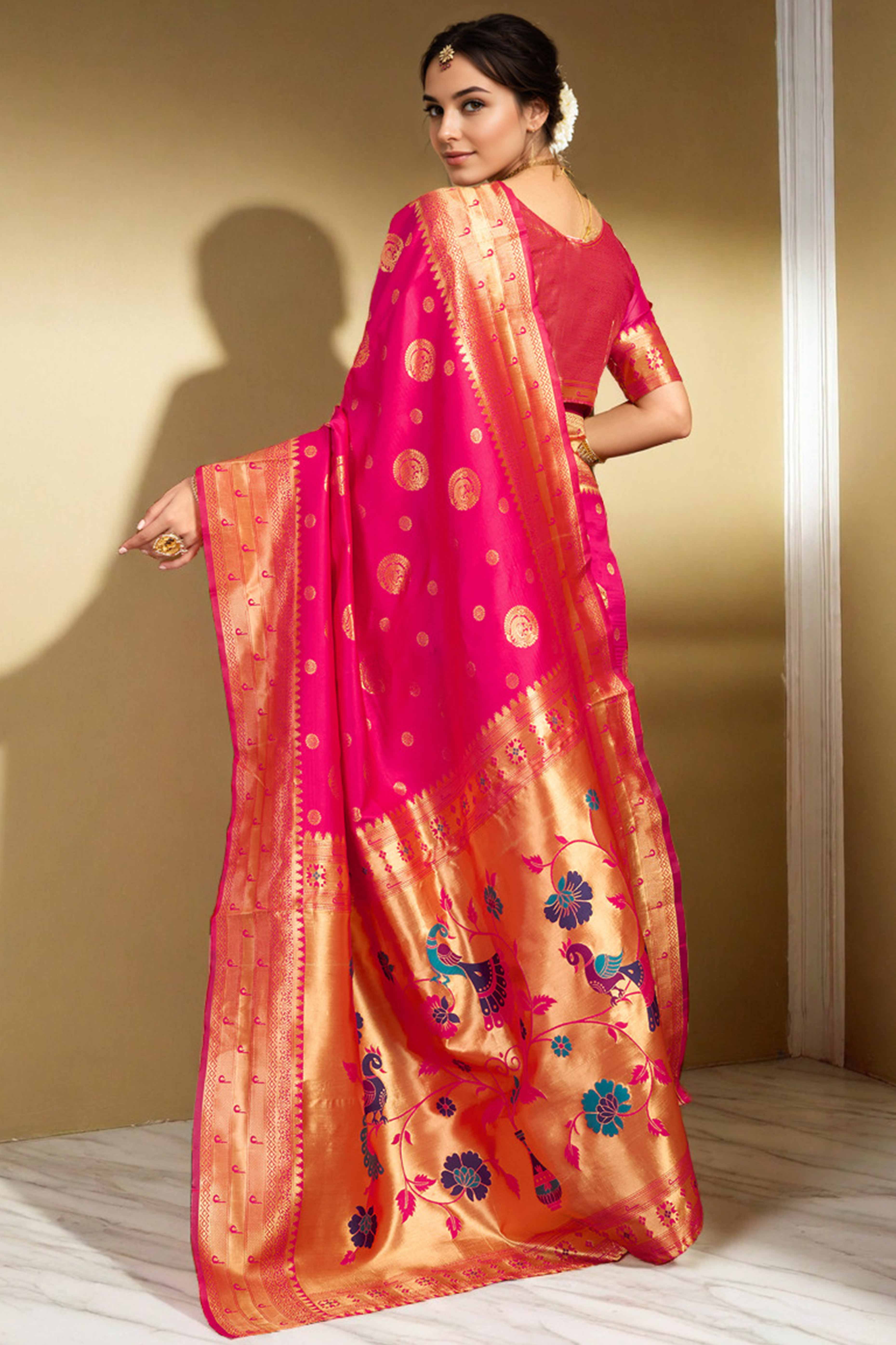 Pink Paithani Silk Blend Saree Embellished With Zari Peacock & Floral Woven Patterns