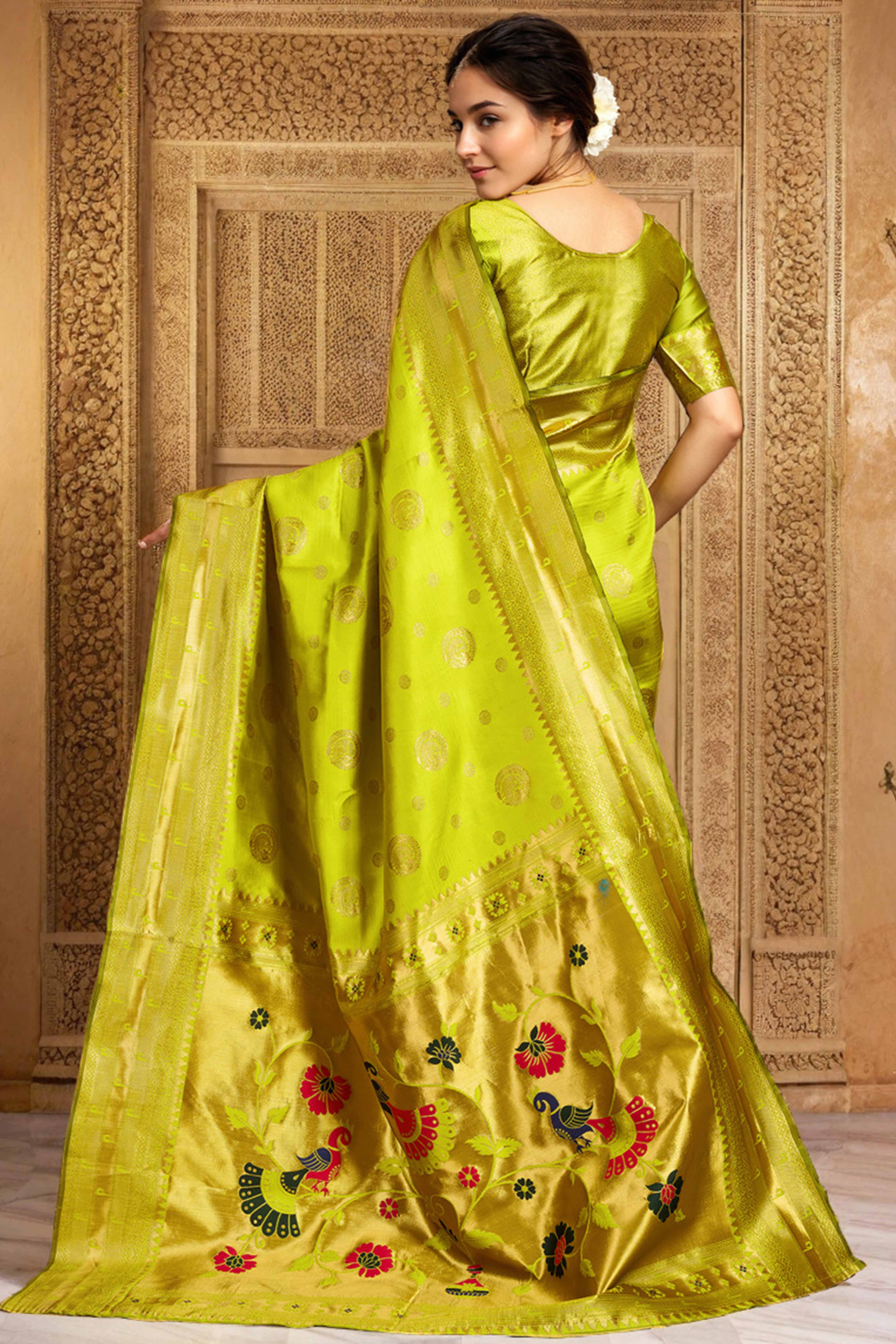 Lime Green Paithani Silk Blend Saree Embellished With Zari Peacock & Floral Woven Patterns