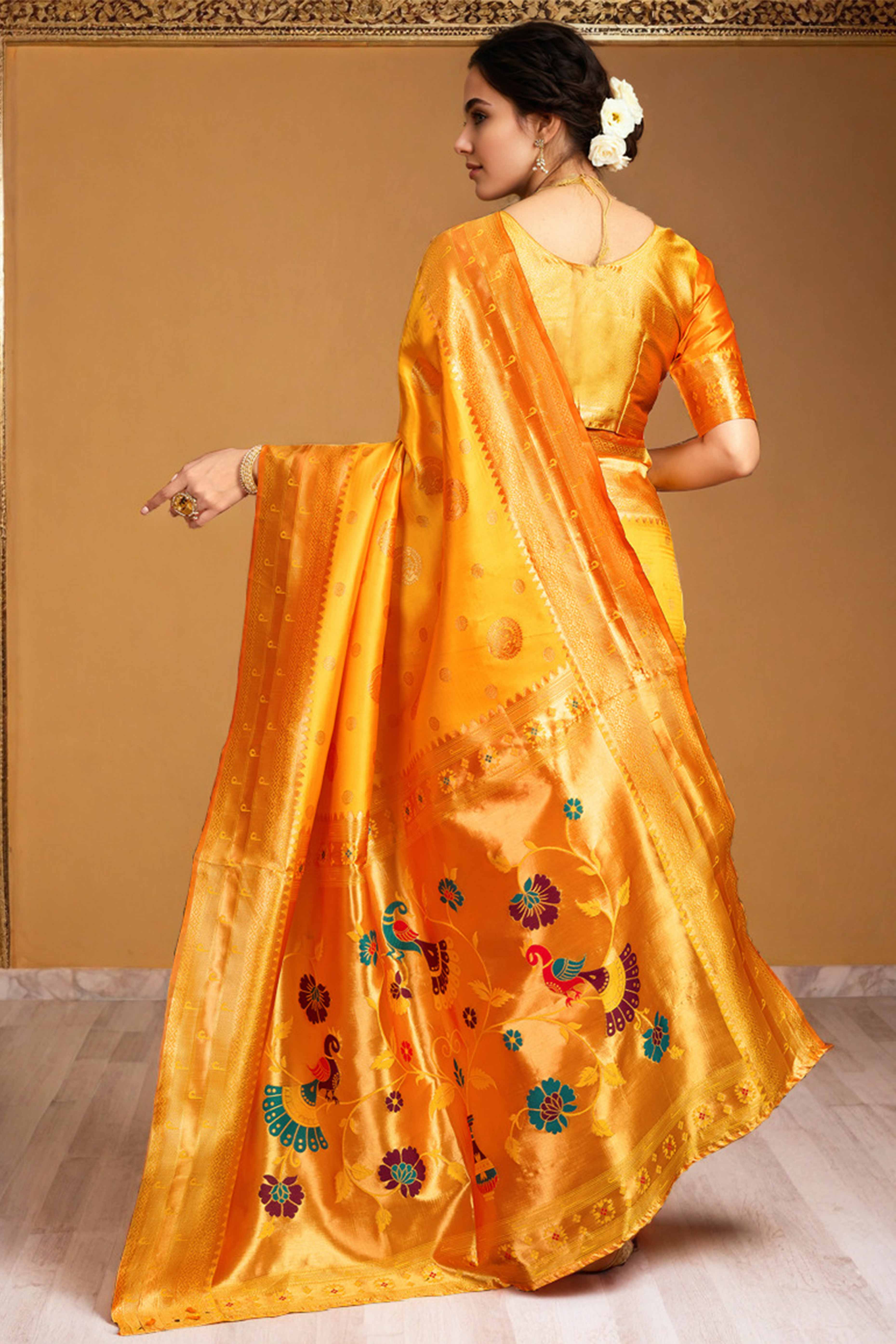 Orange Paithani Silk Blend Saree Embellished With Zari Peacock & Floral Woven Patterns