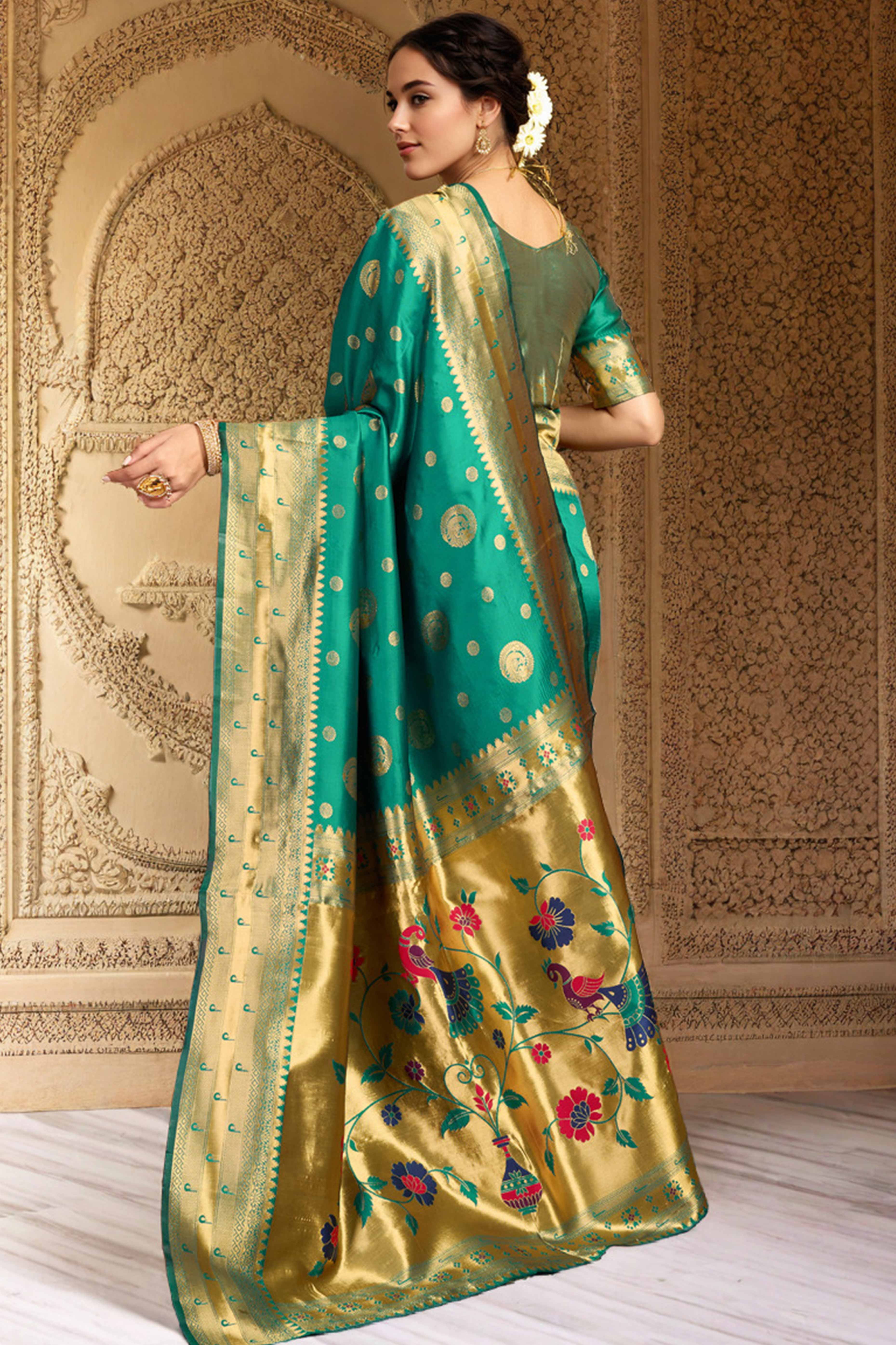 Rama Green Paithani Silk Blend Saree Embellished With Zari Peacock & Floral Woven Patterns
