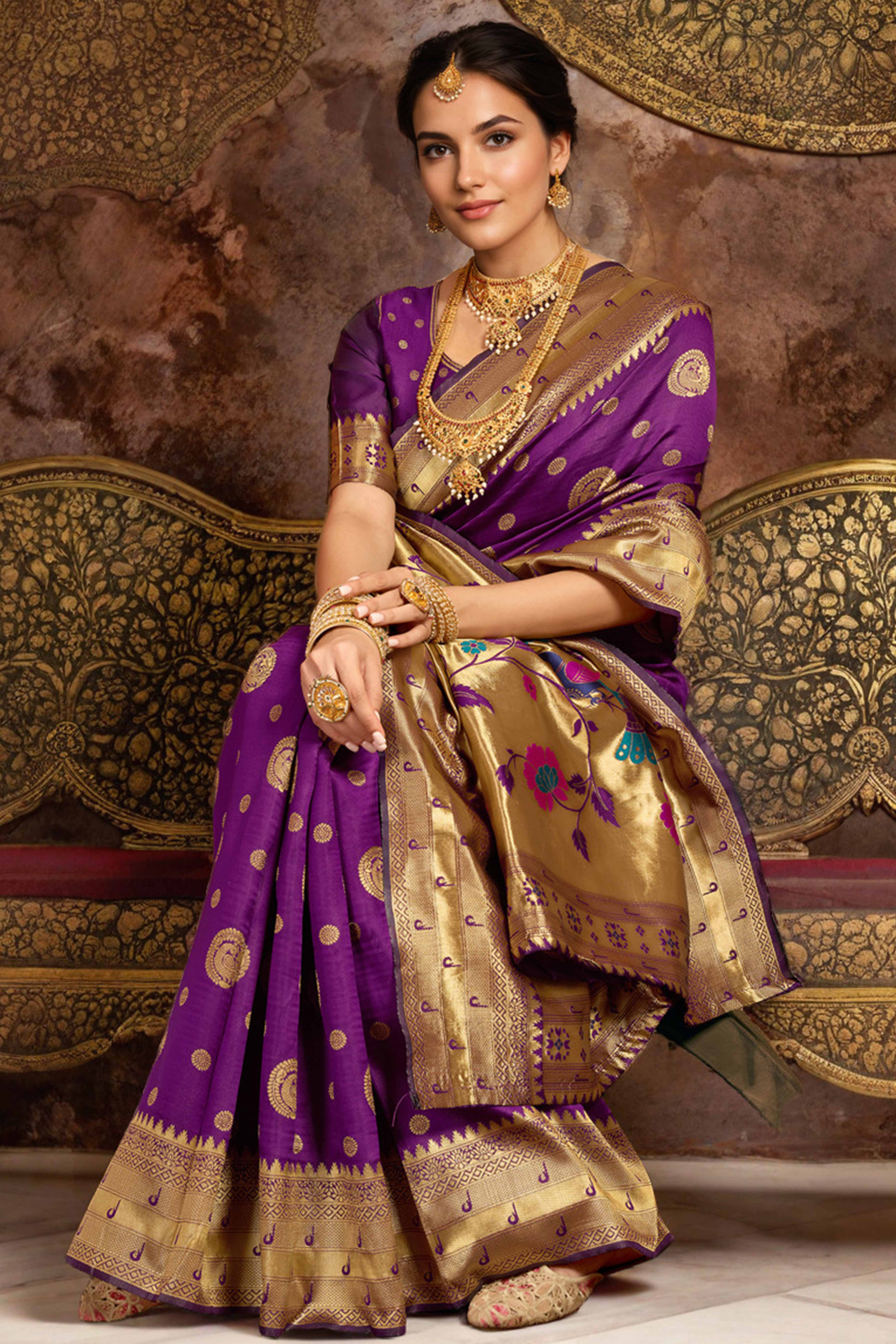 Purple Paithani Silk Blend Saree Embellished With Zari Peacock & Floral Woven Patterns