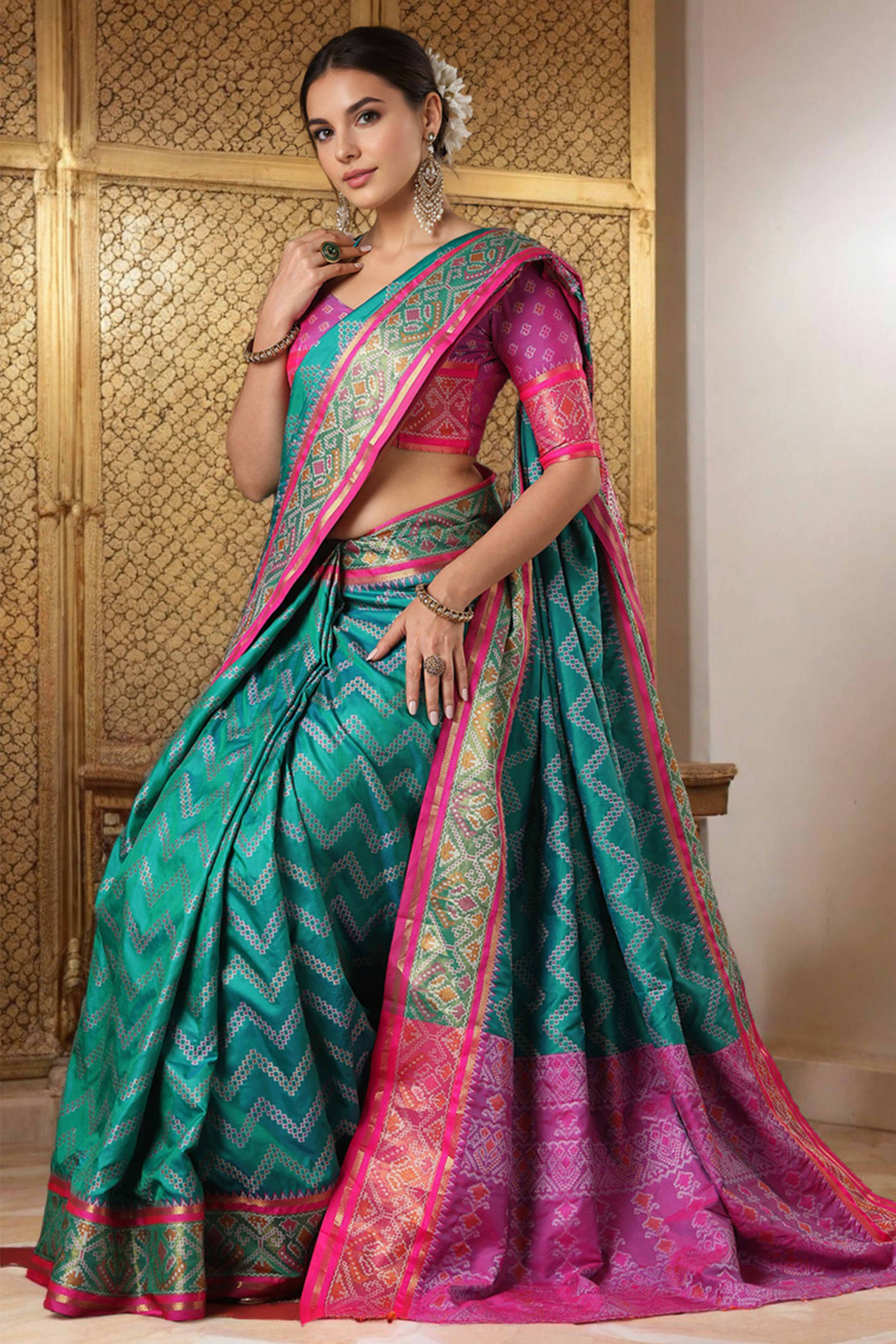 Rama Blue Silk Blend Saree With Traditional Zig Zag Patola Weaving & Tassel Pallu
