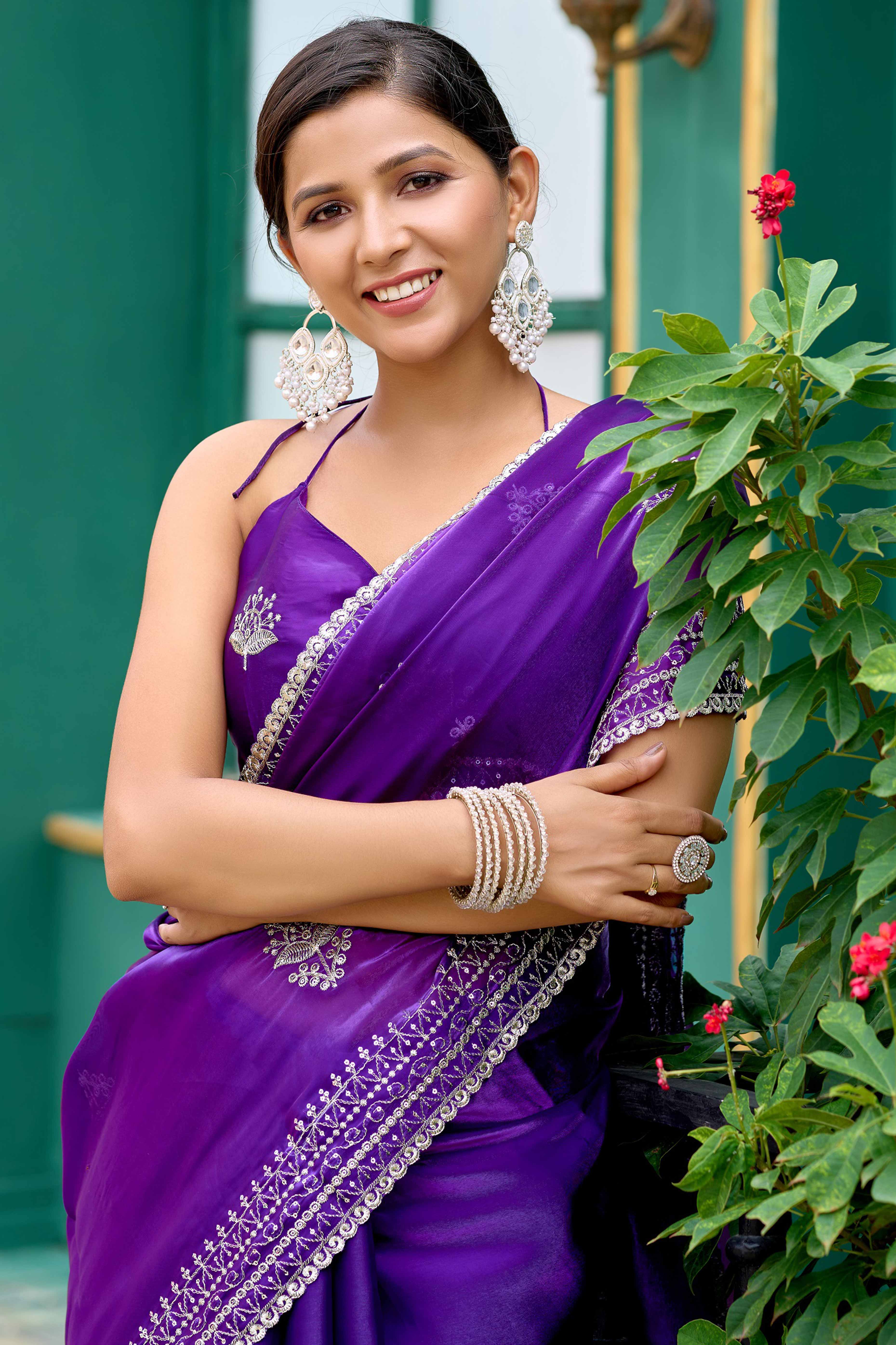 Violet Partywear Saree in Shimmer Chiffon with Sequins Embroidery