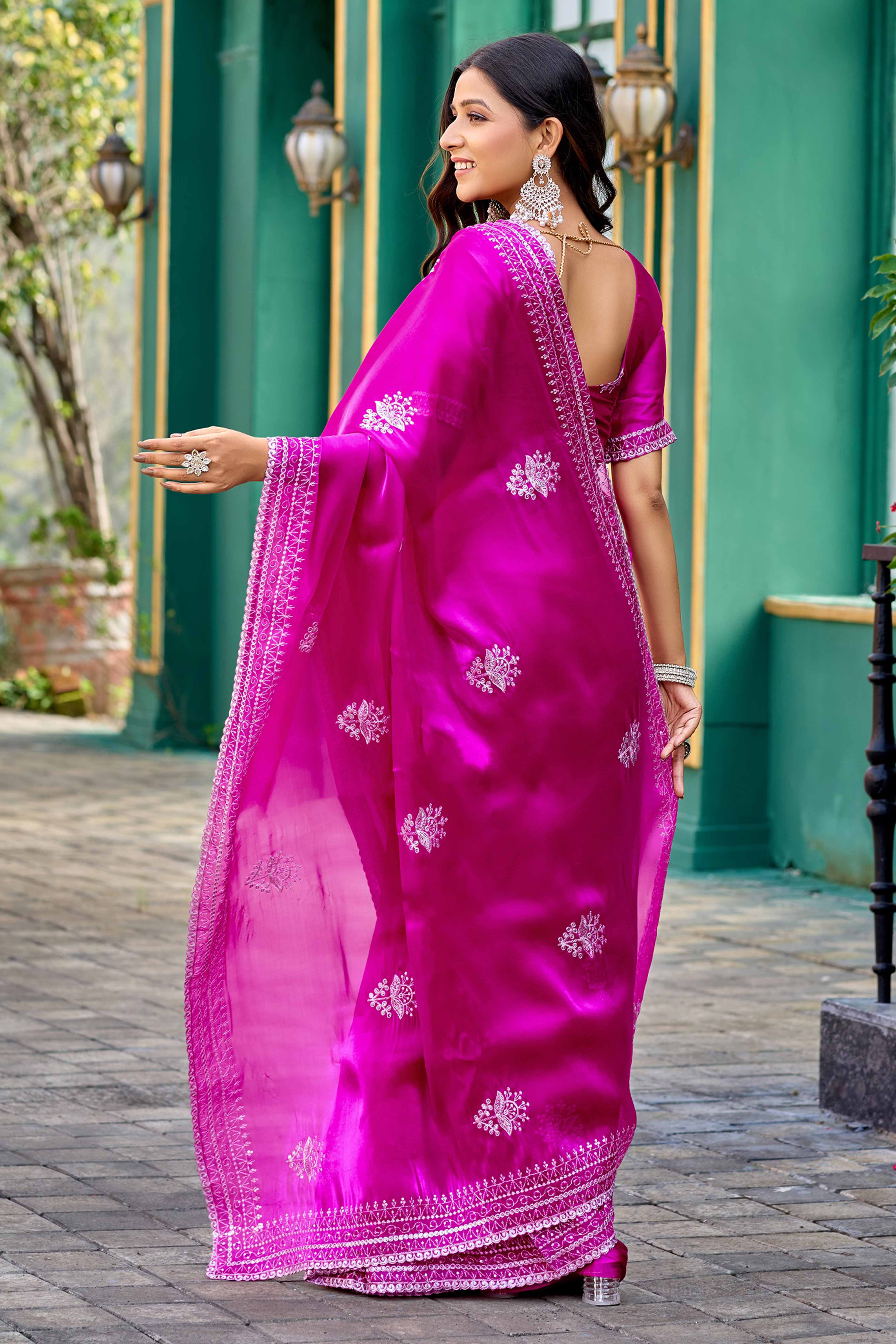 Magenta Partywear Saree in Shimmer Chiffon with Sequins Embroidery