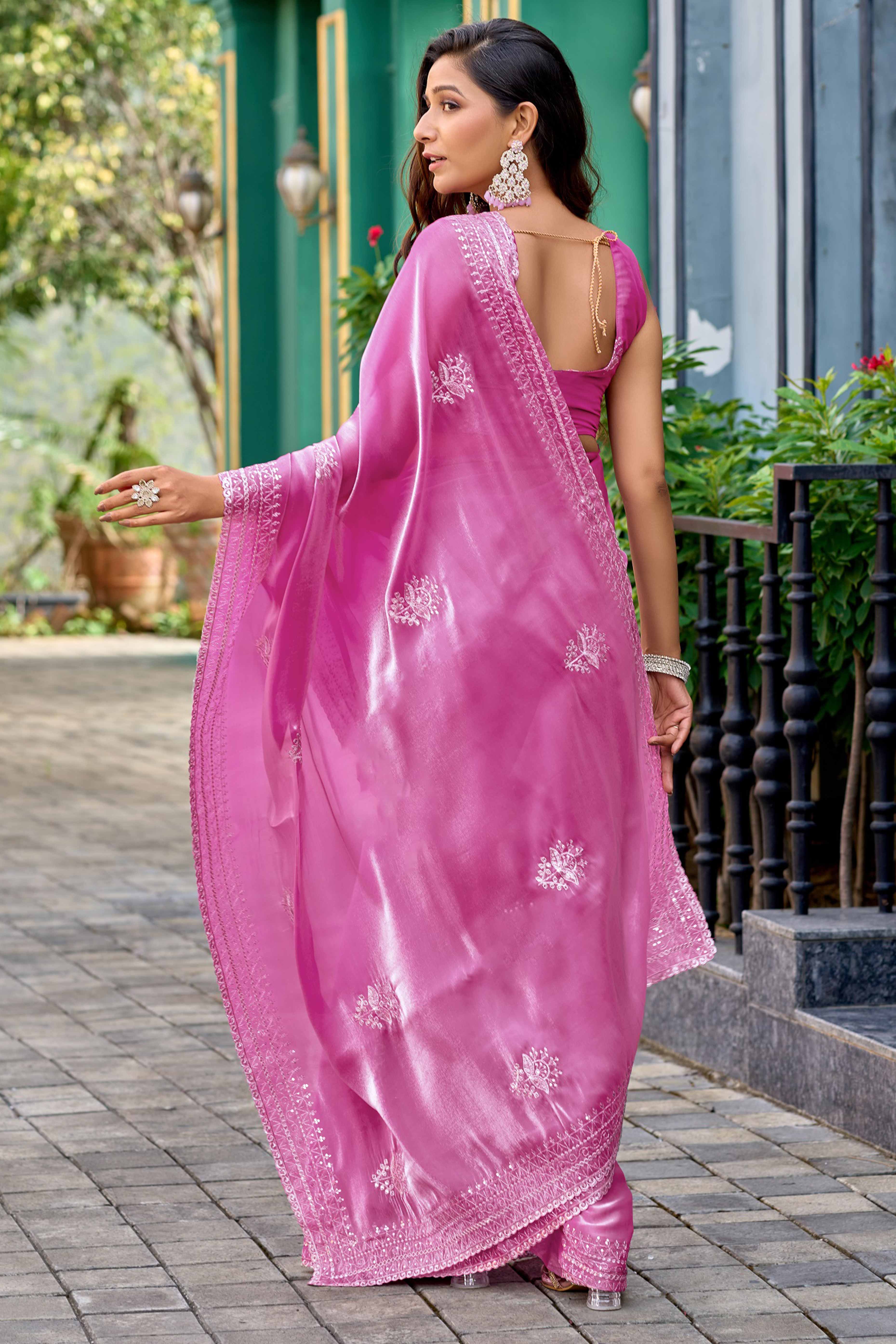 Baby Pink Partywear Saree in Shimmer Chiffon with Sequins Embroidery