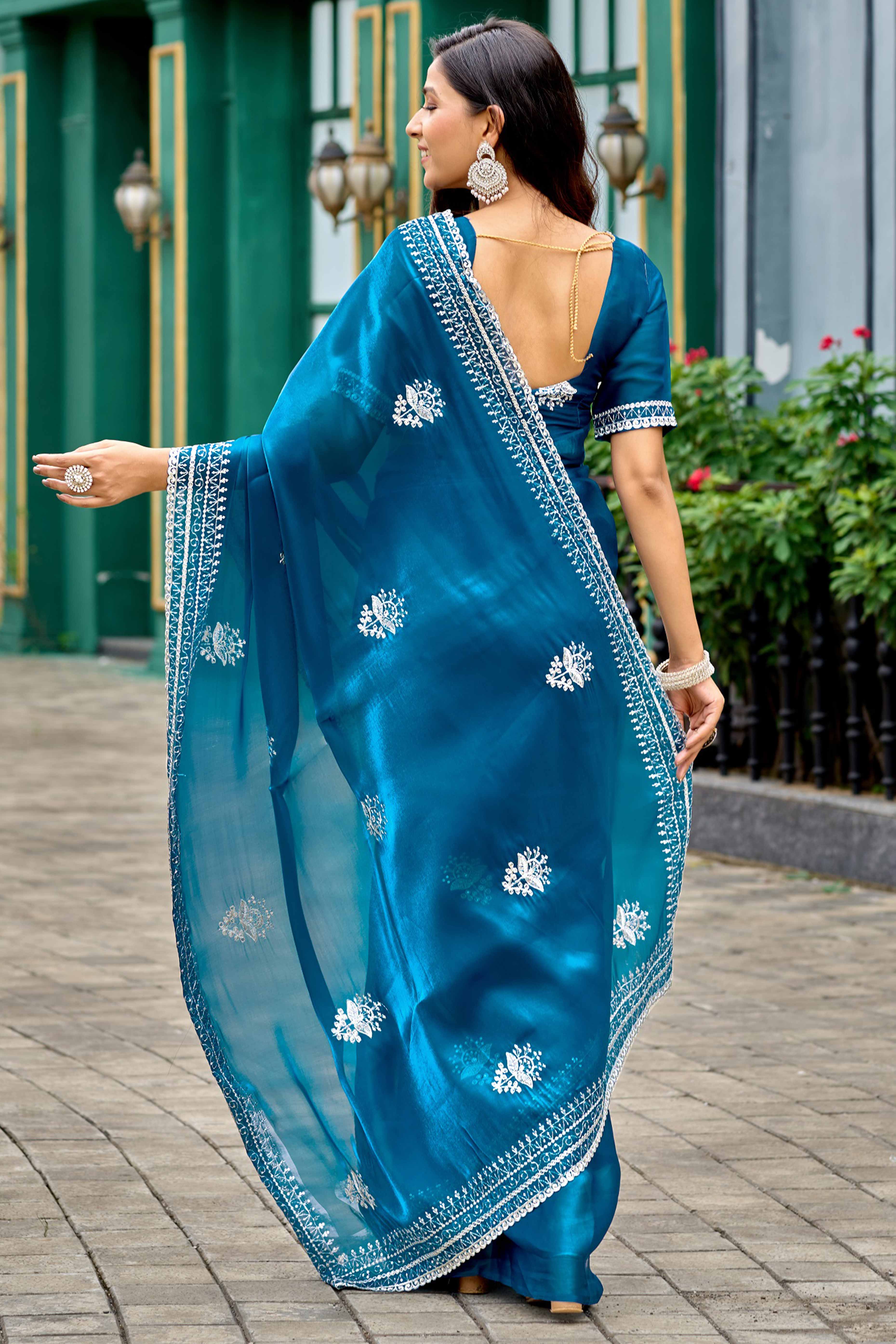 Teal Partywear Saree in Shimmer Chiffon with Sequins Embroidery