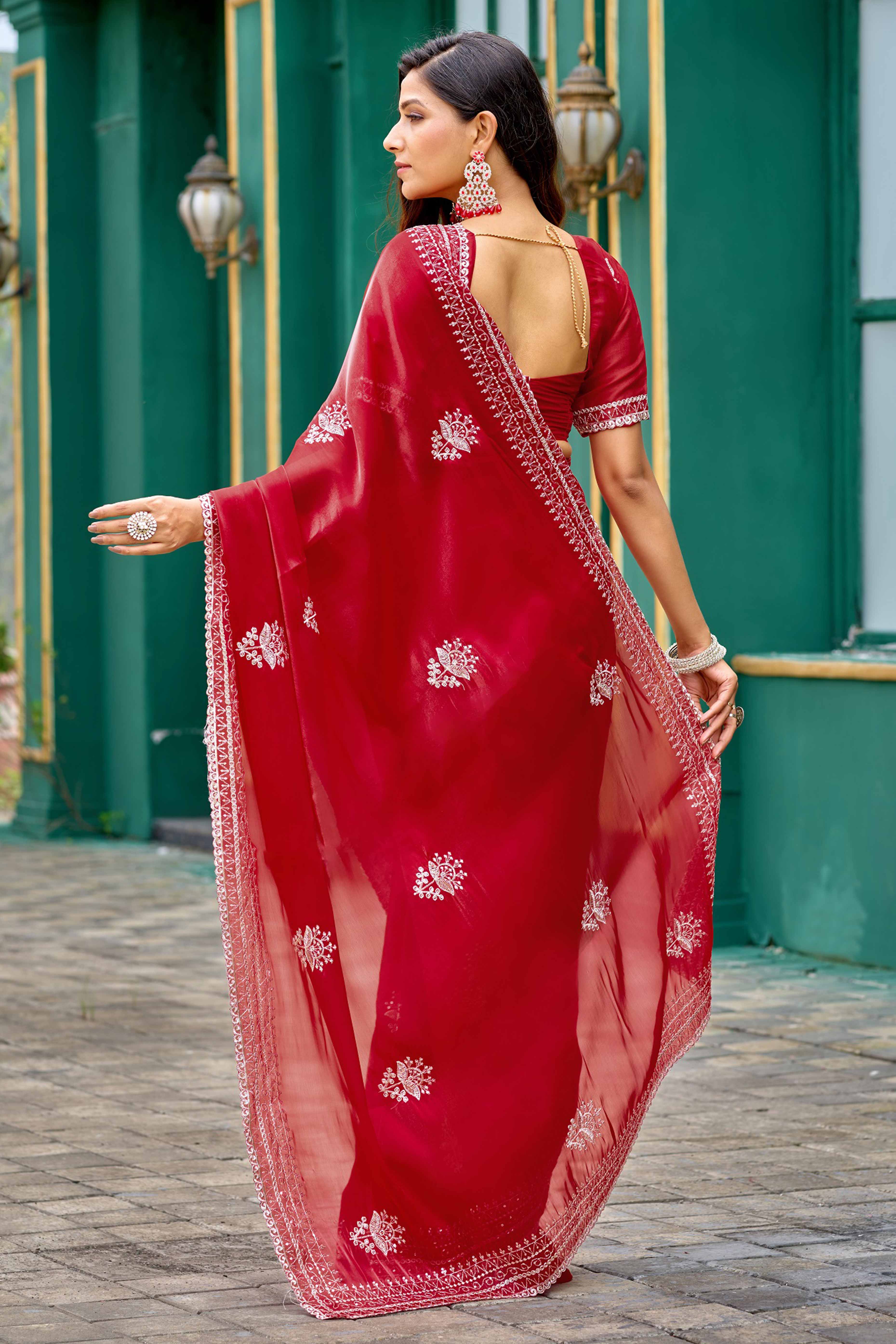Red Partywear Saree in Shimmer Chiffon with Sequins Embroidery