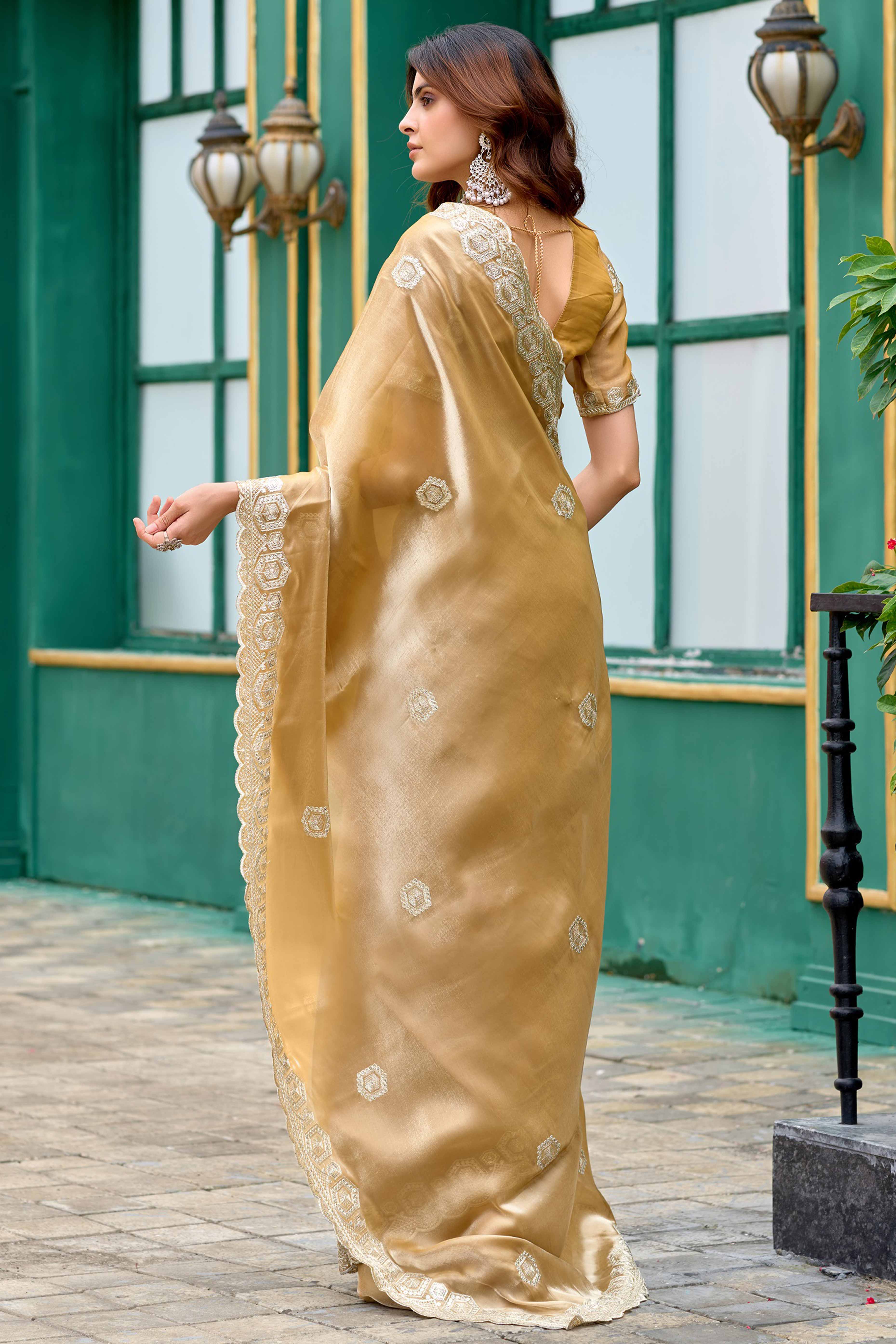 Shimmering Beige Chiffon Saree with Delicate Sequins Work