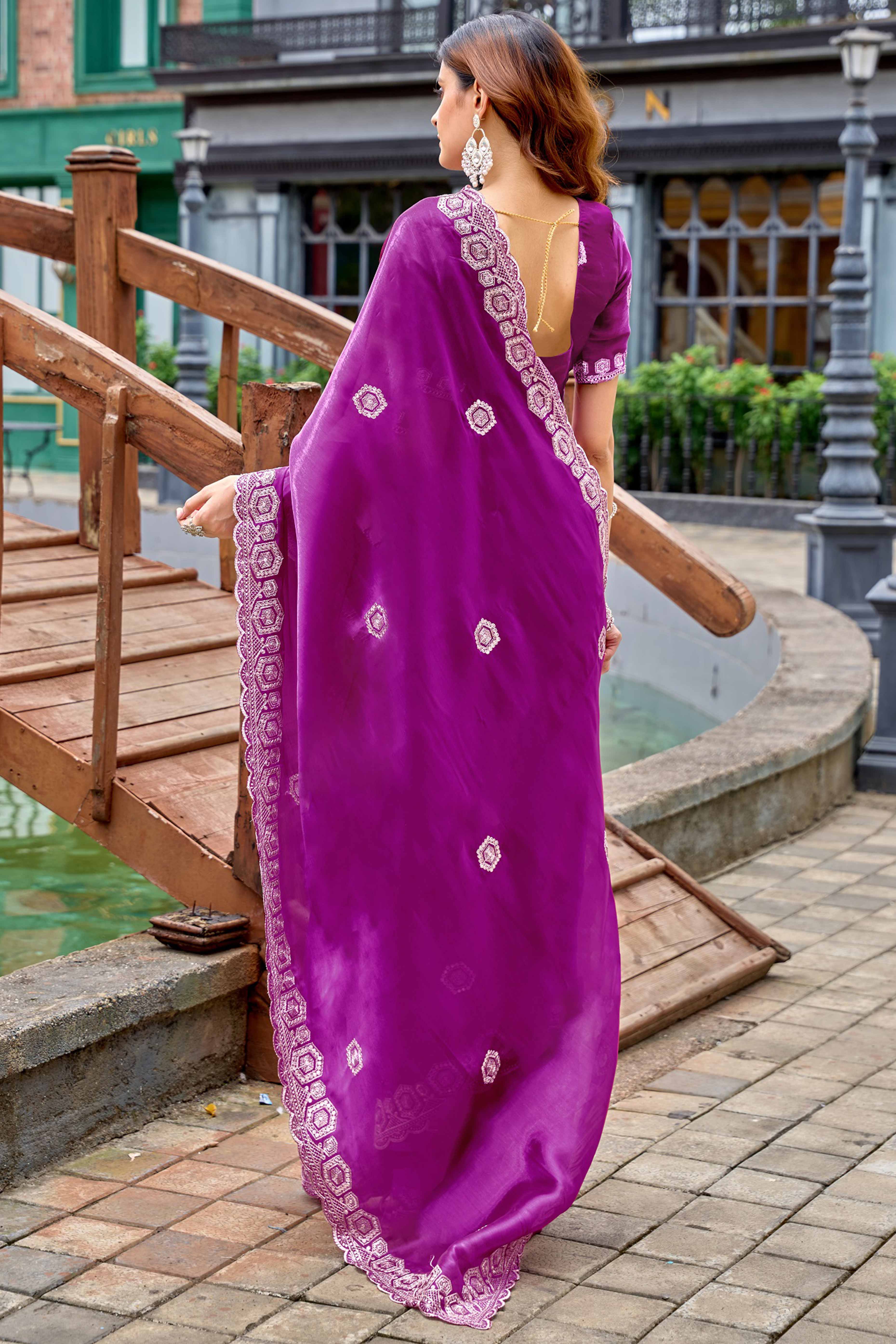 Shimmering Purple Chiffon Saree with Delicate Sequins Work