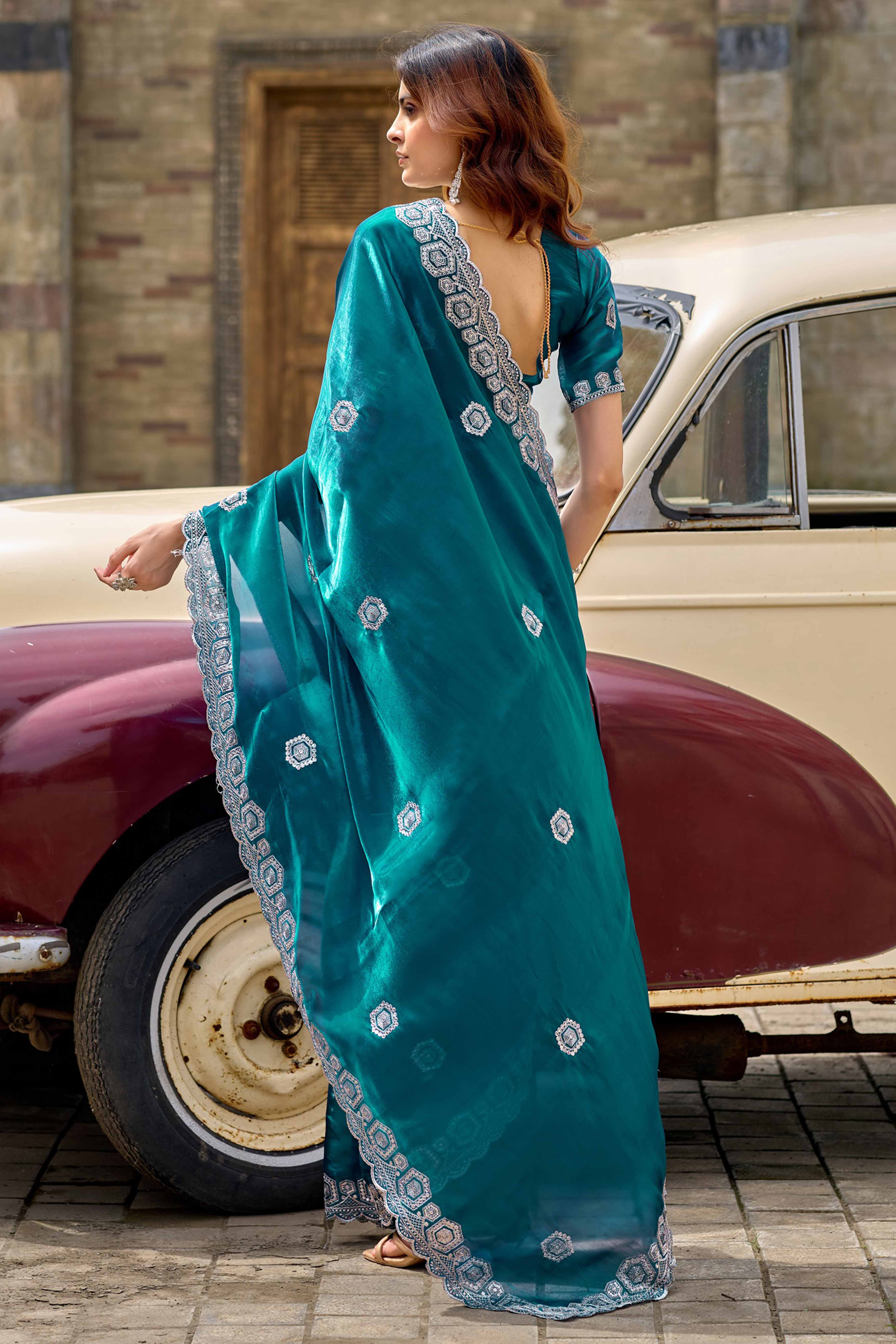 Shimmering Rama Green Chiffon Saree with Delicate Sequins Work