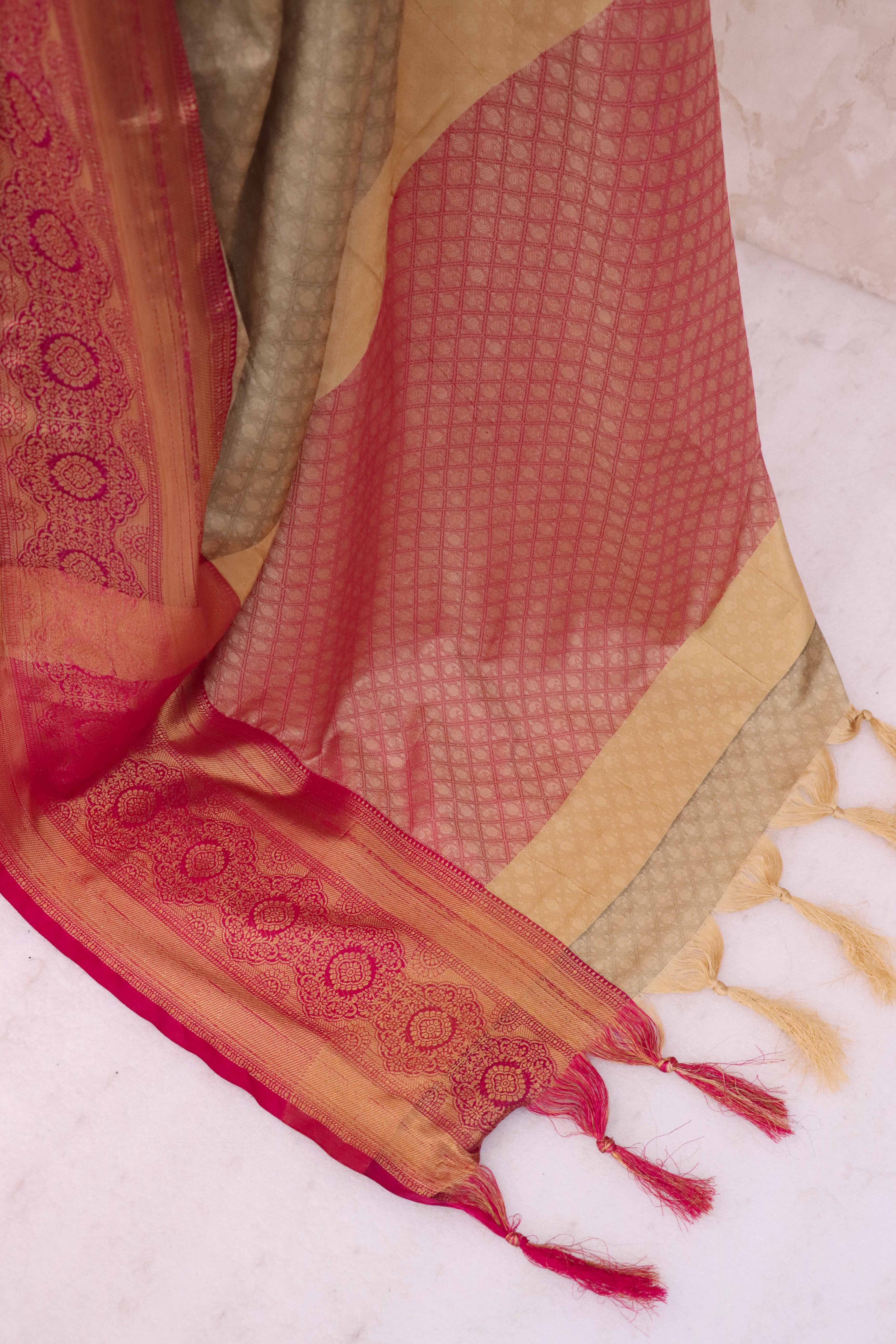 Beige Silk Blend Saree With Detailed Zari Weaving & Tassel Embellishments