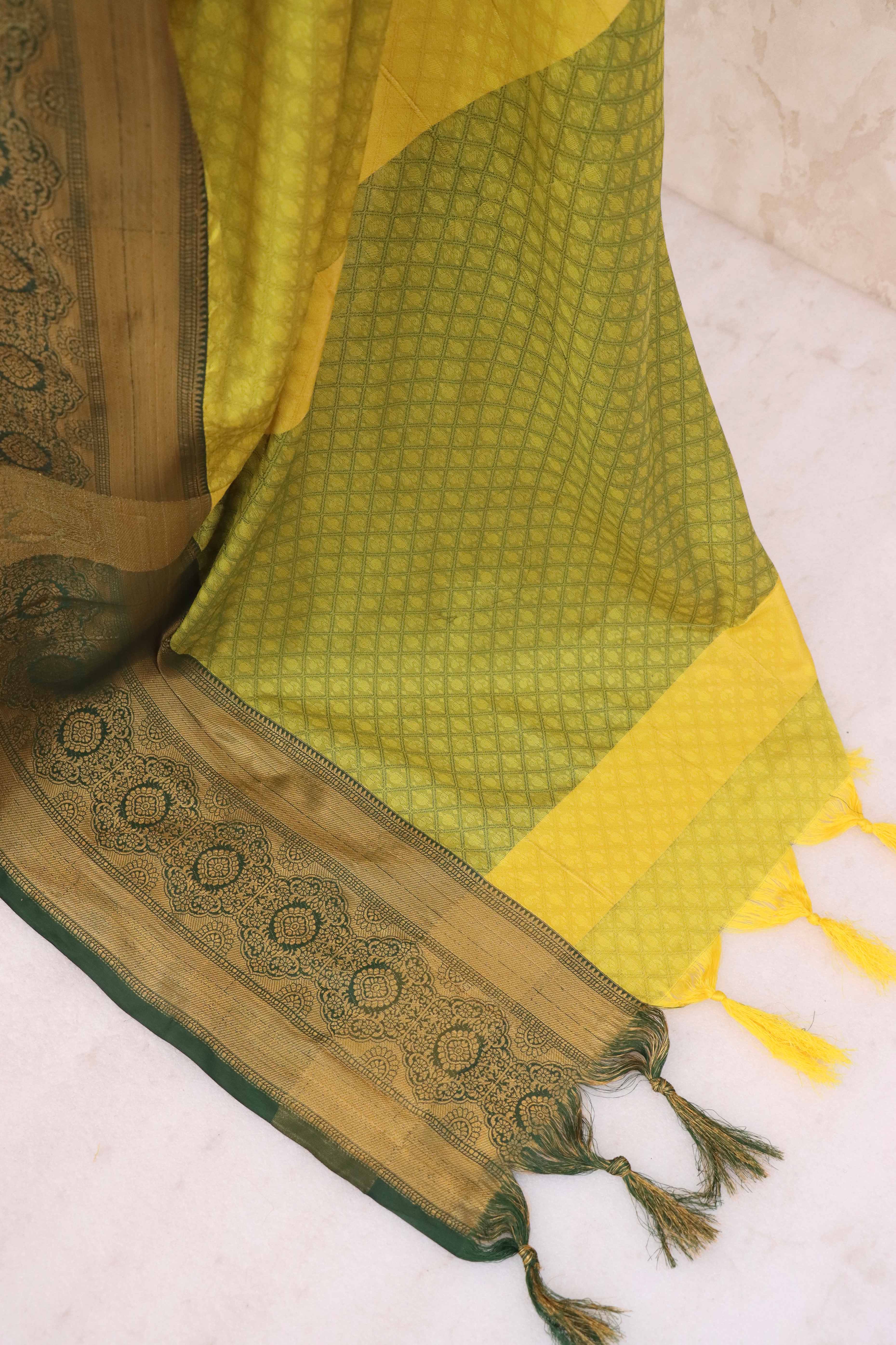 Lemon Green Silk Blend Saree With Detailed Zari Weaving & Tassel Embellishments
