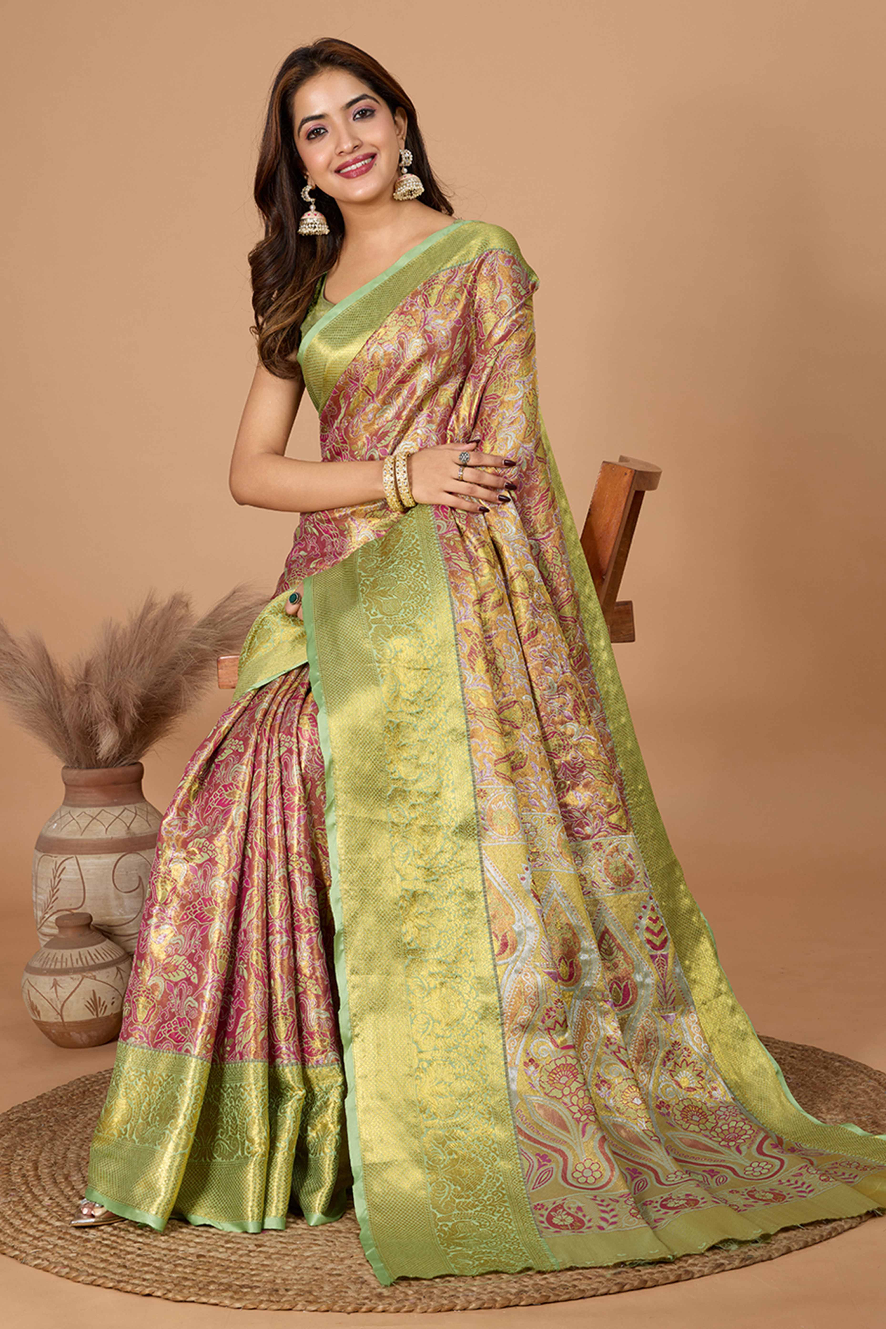 Green Kanjivaram Silk Saree Adorned With Exquisite Floral Zari Weaving