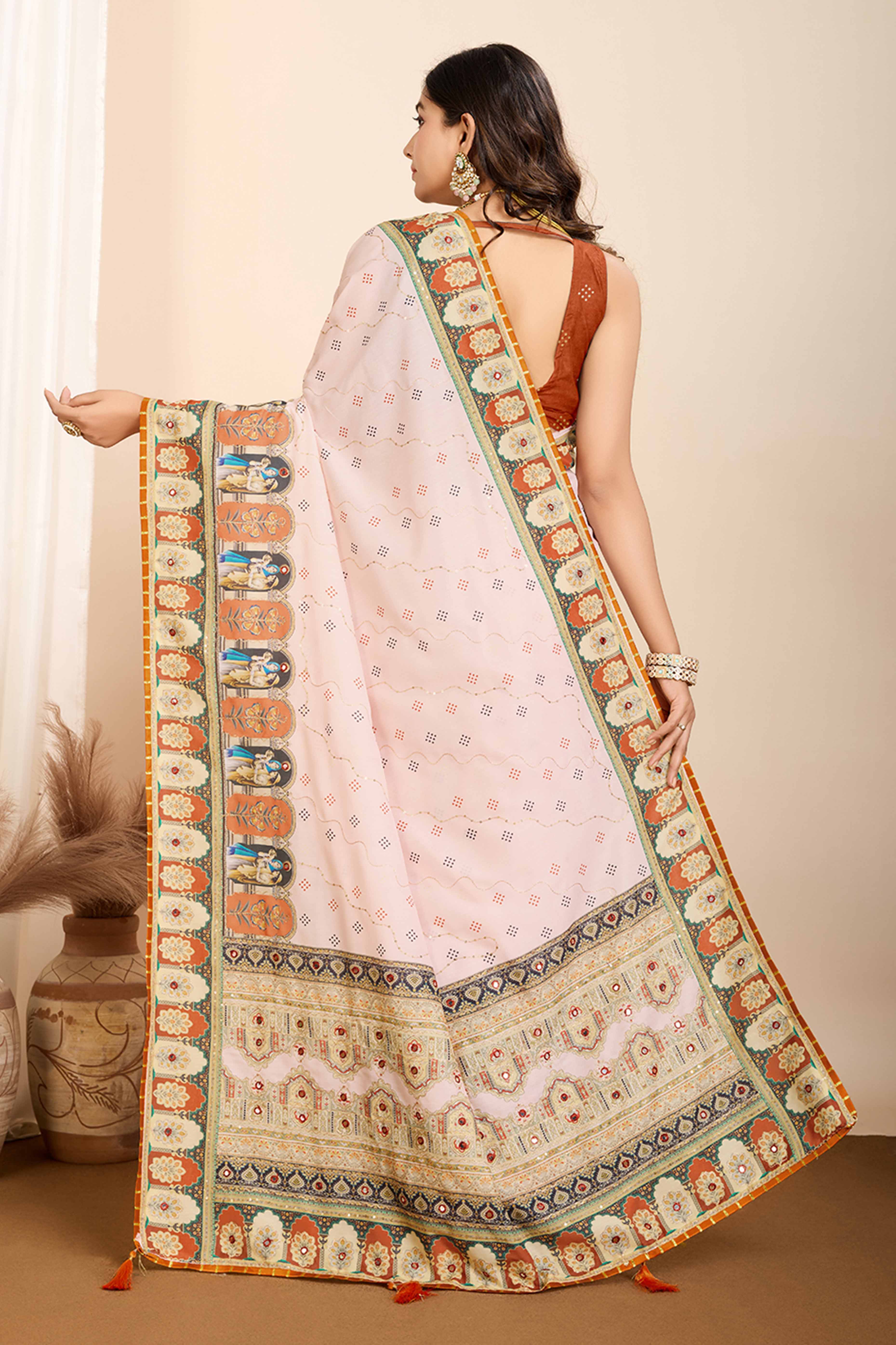 Cream Digital Print with Embroidery Work Muslin Saree