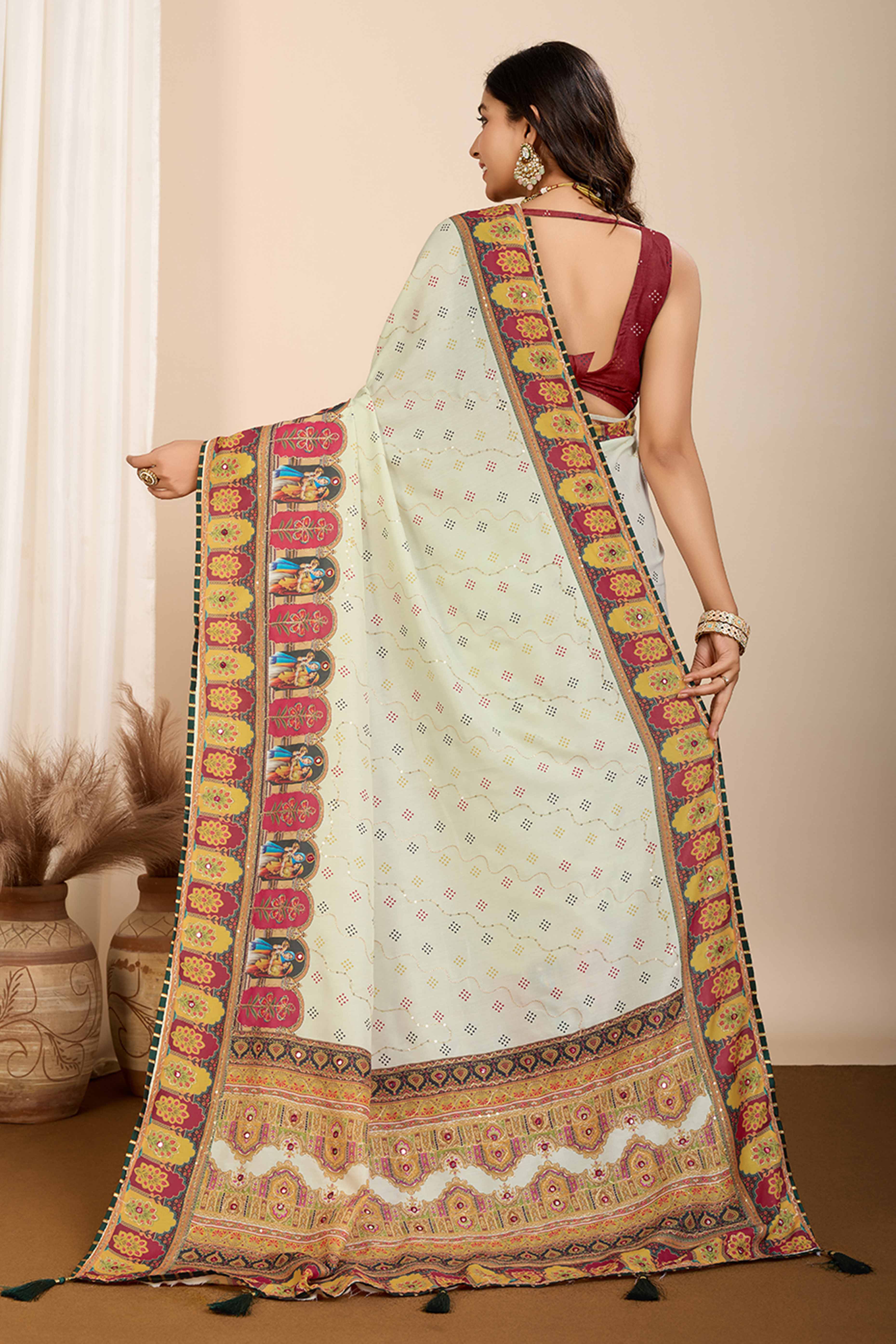 Pista Green Digital Print with Embroidery Work Muslin Saree